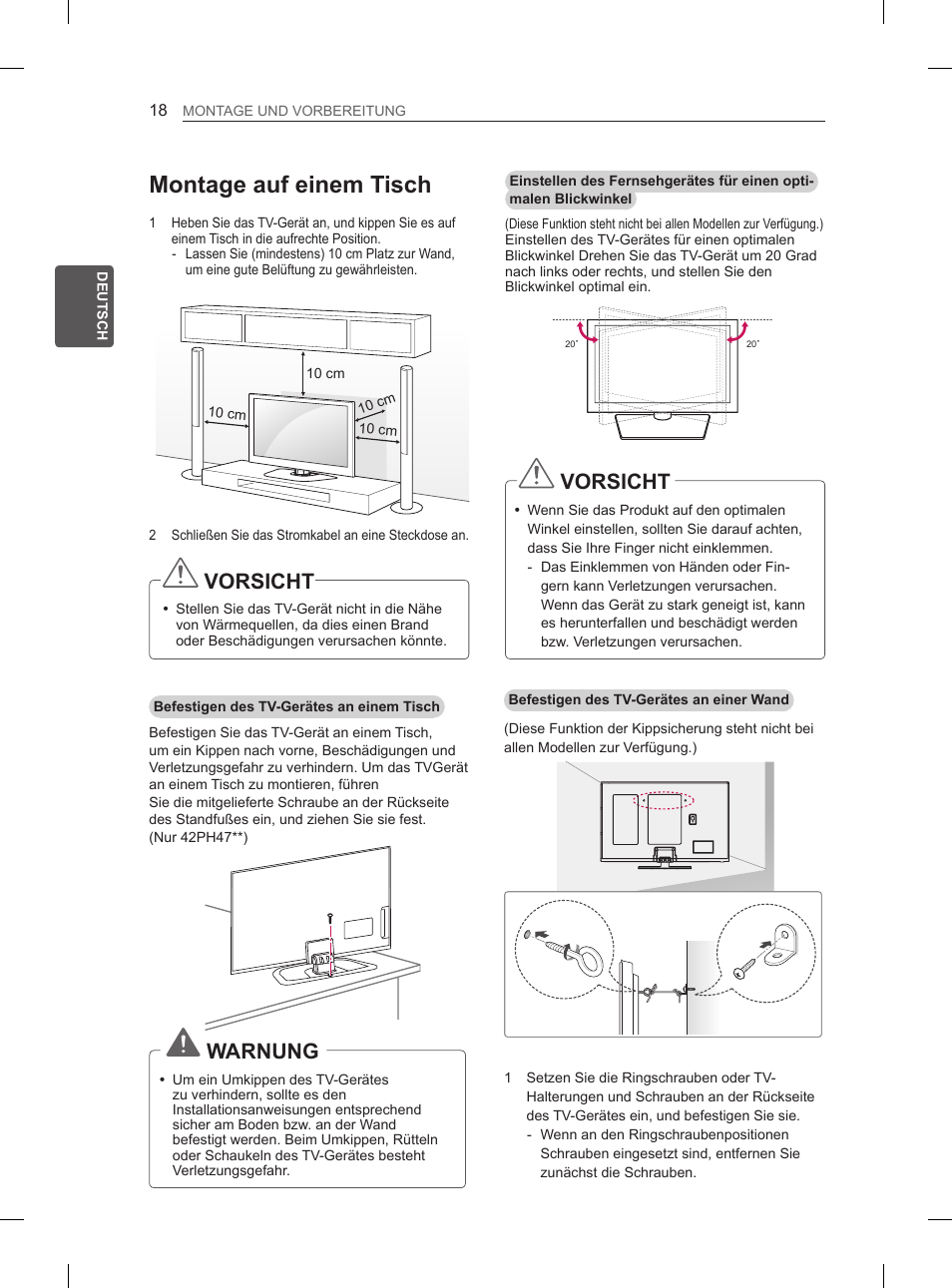 Montage auf einem tisch, Vorsicht, Warnung | LG 60PH660S User Manual | Page 79 / 279