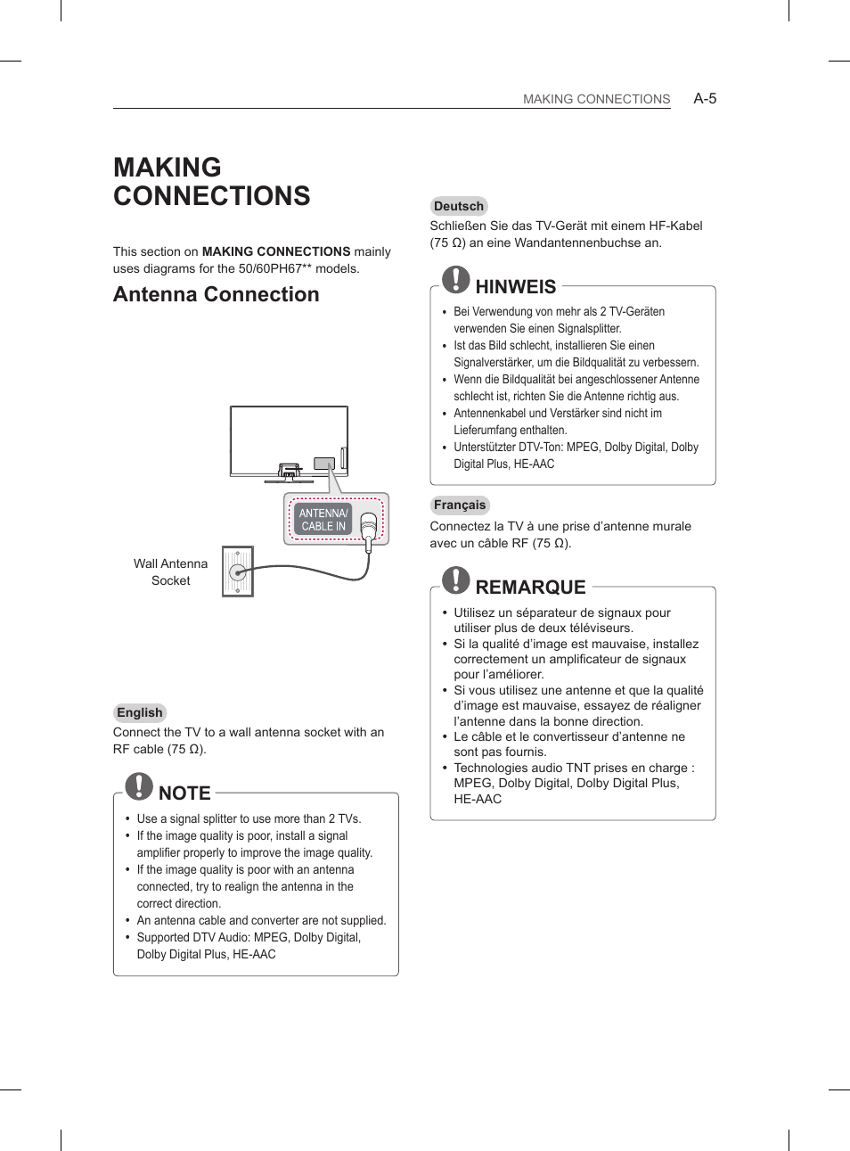 Making connections, Antenna connection, Hinweis | Remarque | LG 60PH660S User Manual | Page 8 / 279