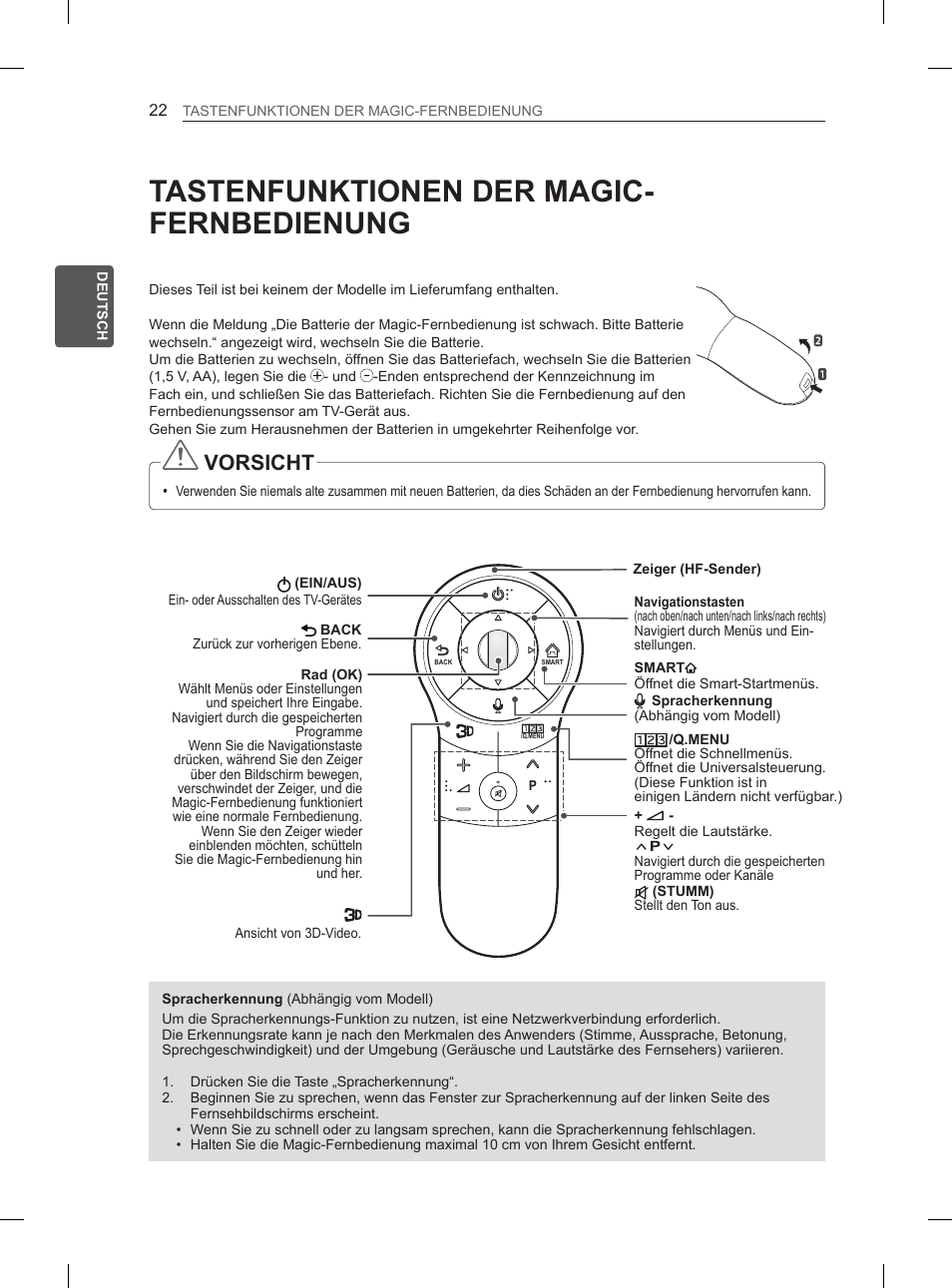 Tastenfunktionen der magic- fernbedienung, Vorsicht | LG 60PH660S User Manual | Page 83 / 279