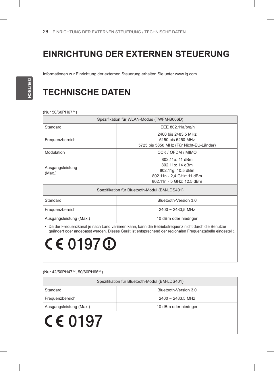Einrichtung der externen steuerung, Technische daten | LG 60PH660S User Manual | Page 87 / 279