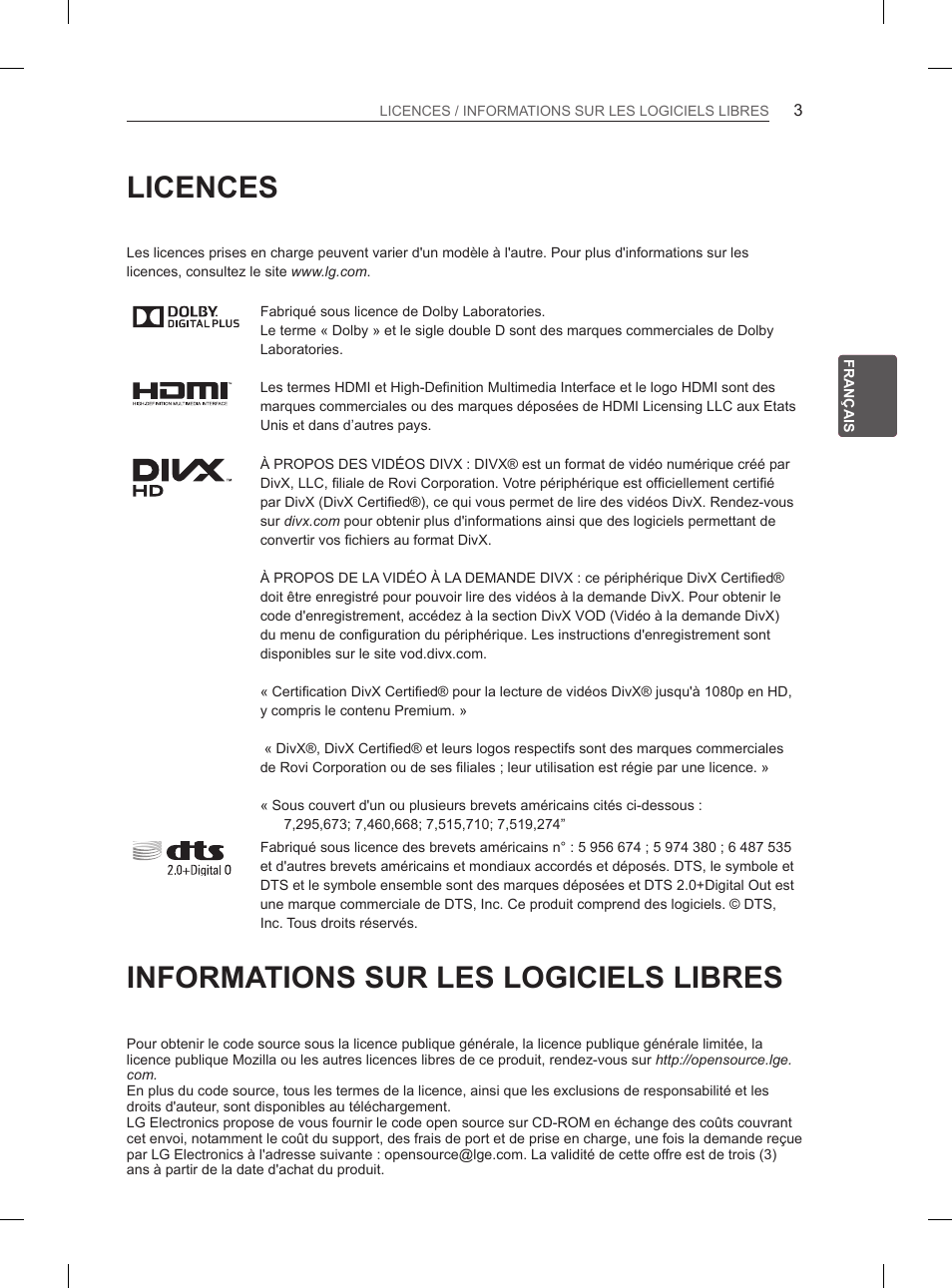 Licences, Informations sur les logiciels libres | LG 60PH660S User Manual | Page 90 / 279