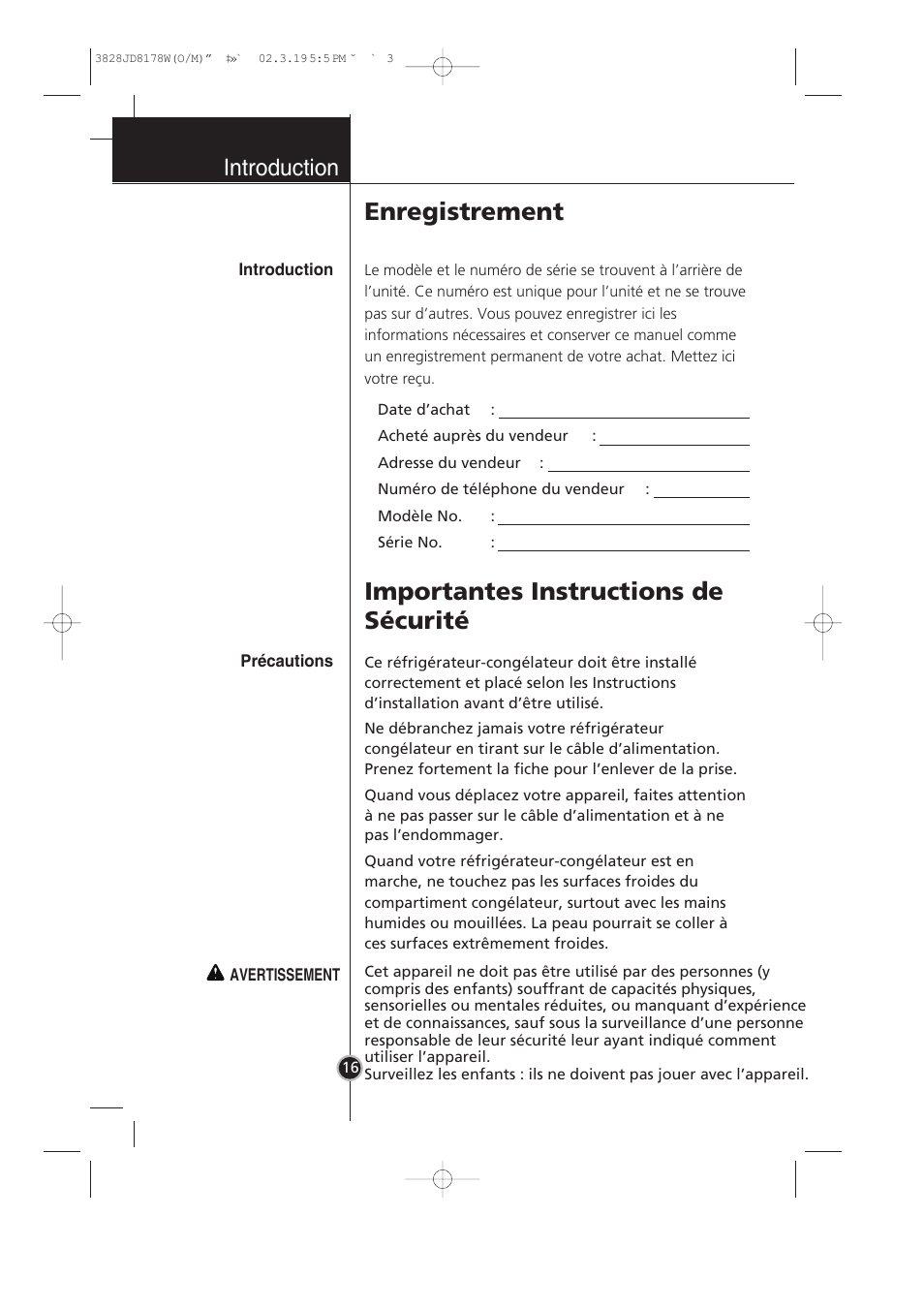 Importantes instructions de sécurité, Enregistrement, Introduction | LG GR-399SLQA User Manual | Page 17 / 44