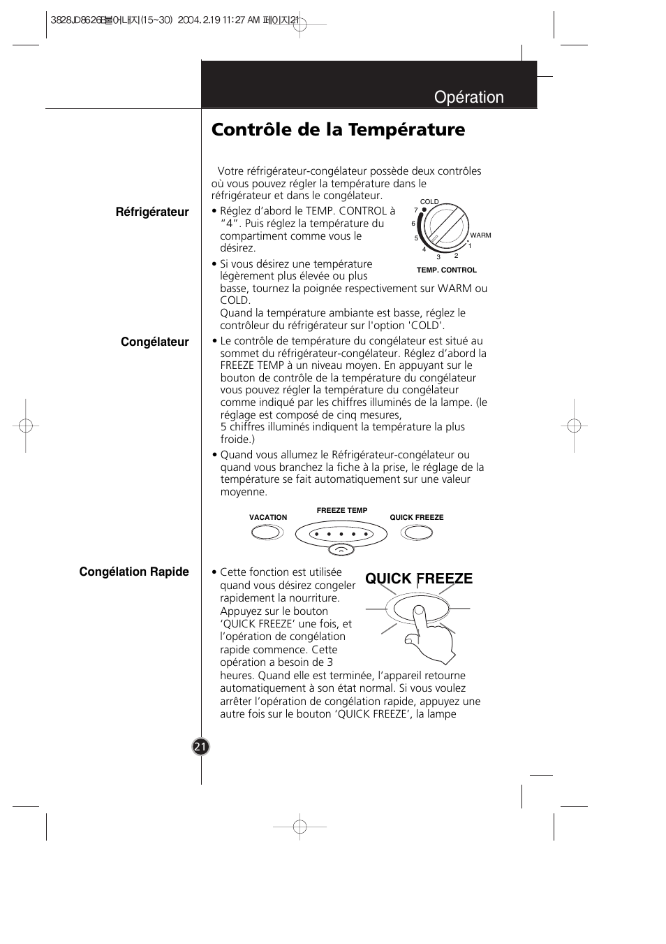 Contrôle de la température, Opération, Quick freeze | LG GR-399SLQA User Manual | Page 22 / 44