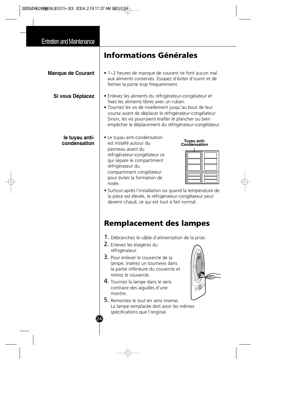 Remplacement des lampes, Informations générales, Entretien and maintenance | LG GR-399SLQA User Manual | Page 25 / 44