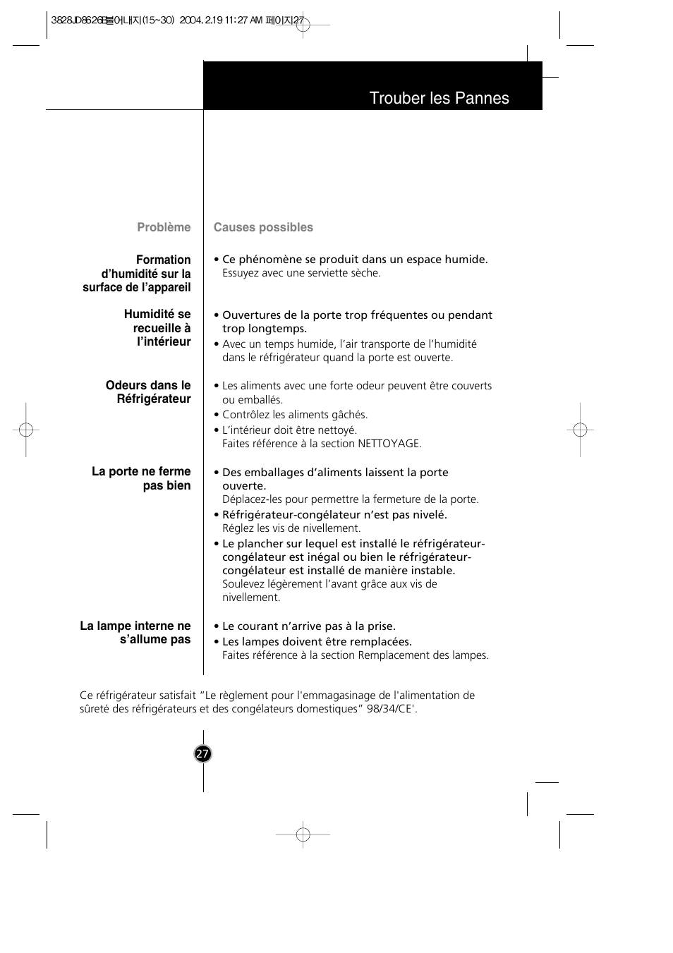 Trouber les pannes | LG GR-399SLQA User Manual | Page 28 / 44
