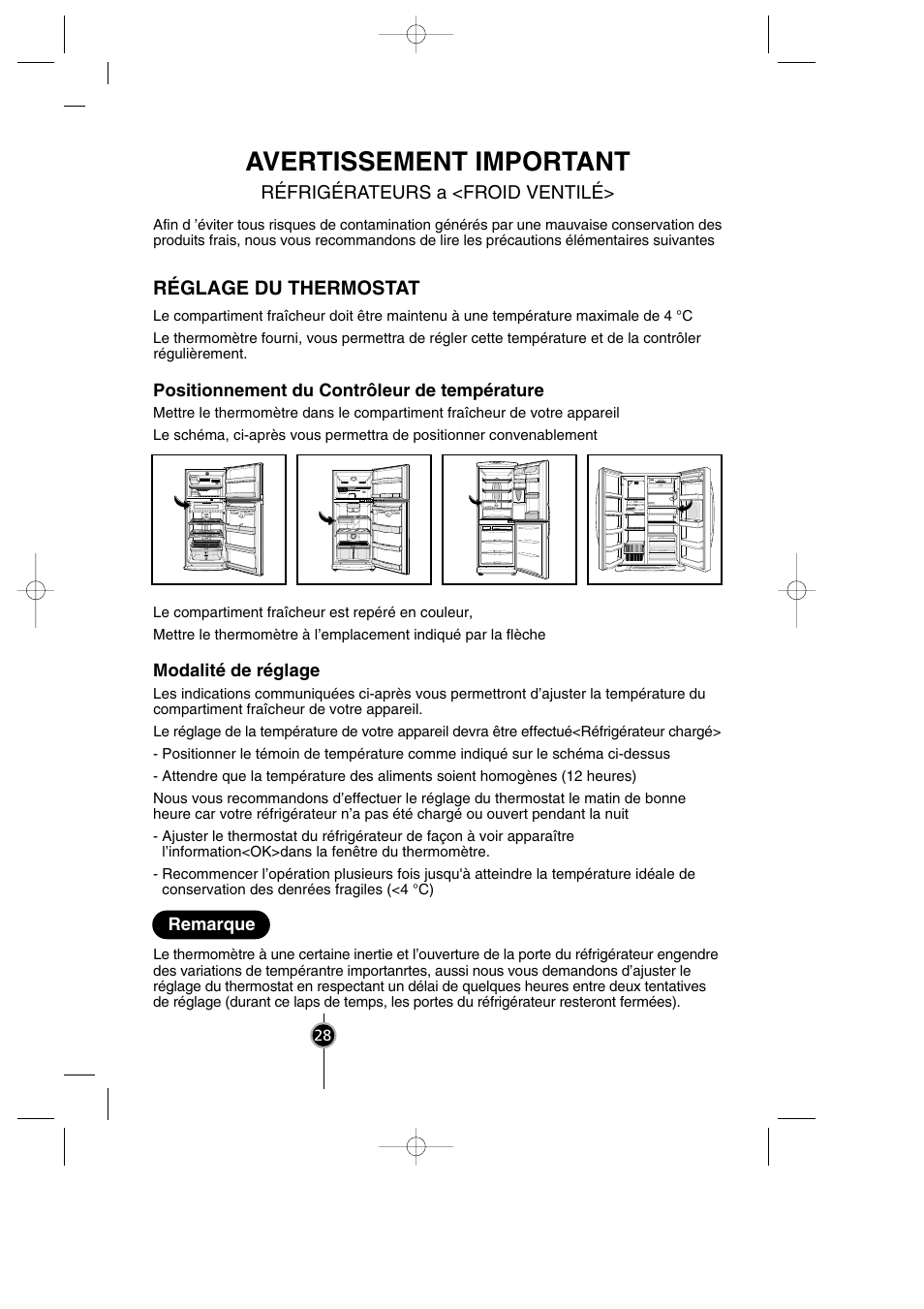 Avertissement important, Réglage du thermostat | LG GR-399SLQA User Manual | Page 29 / 44