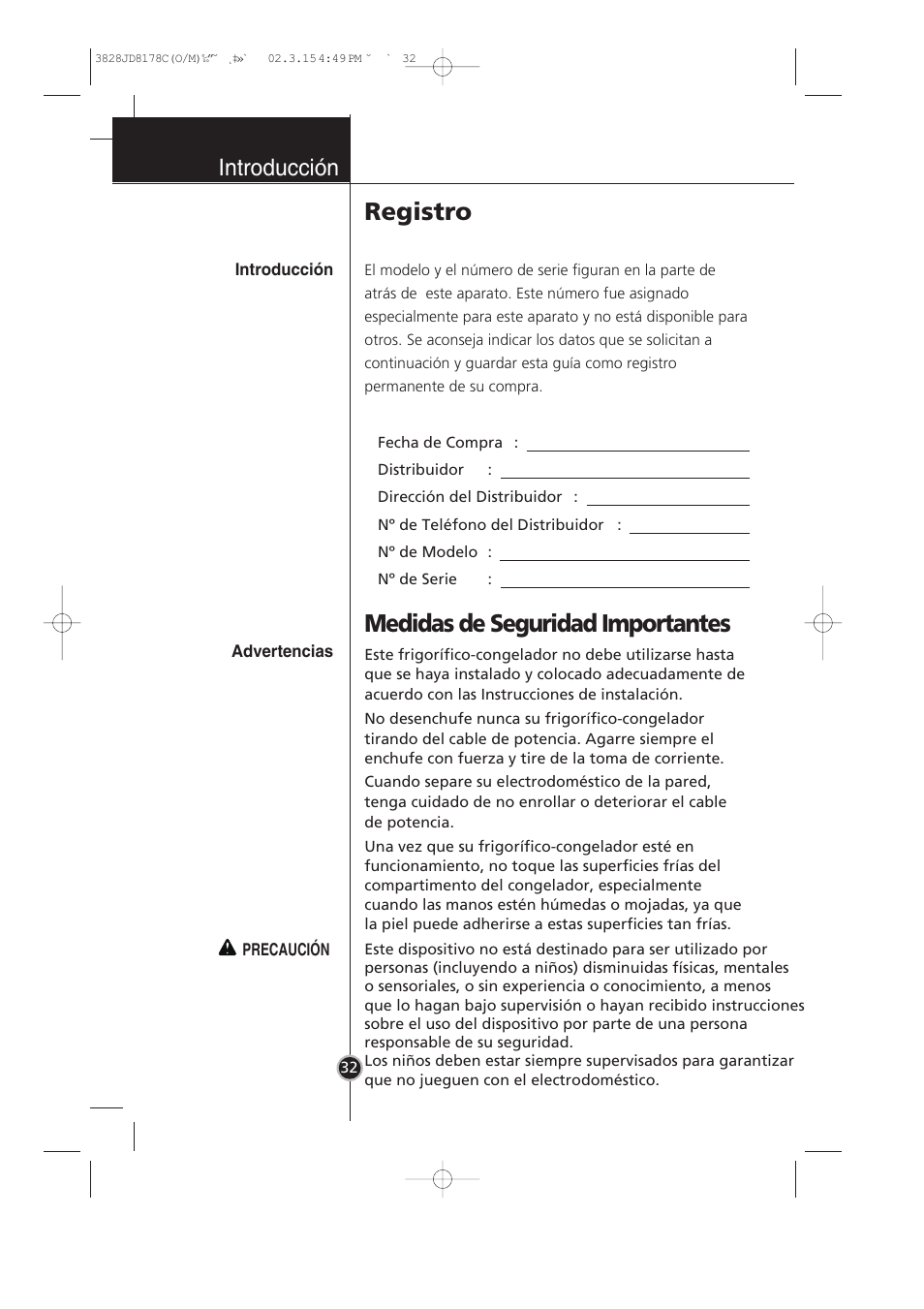 Medidas de seguridad importantes, Registro, Introducción | LG GR-399SLQA User Manual | Page 33 / 44