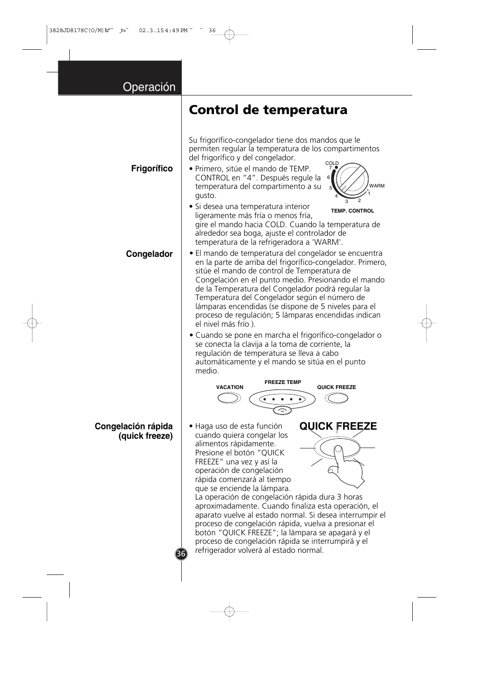 Control de temperatura, Operación, Quick freeze | LG GR-399SLQA User Manual | Page 37 / 44