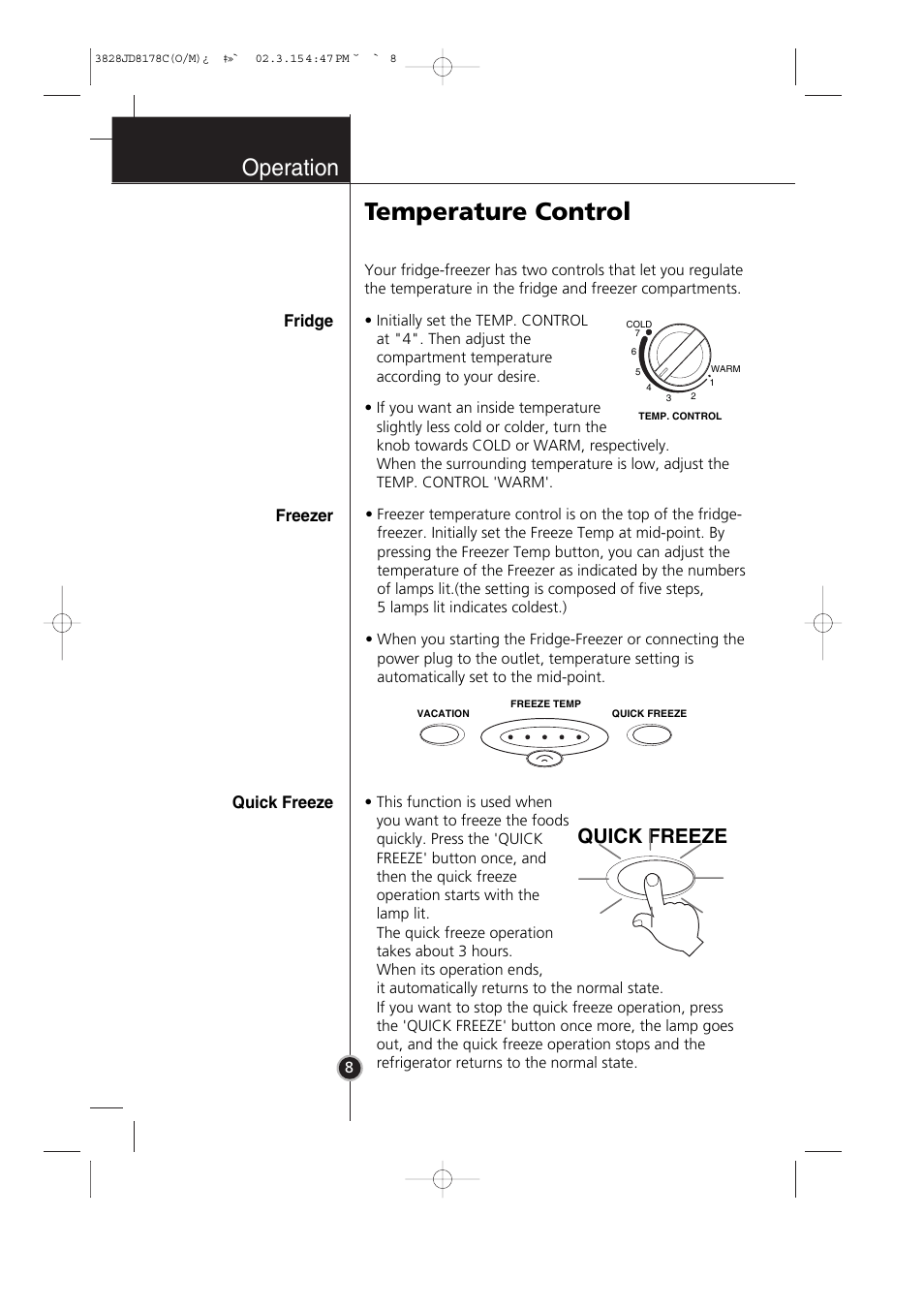 Temperature control, Operation, Quick freeze | LG GR-399SLQA User Manual | Page 9 / 44