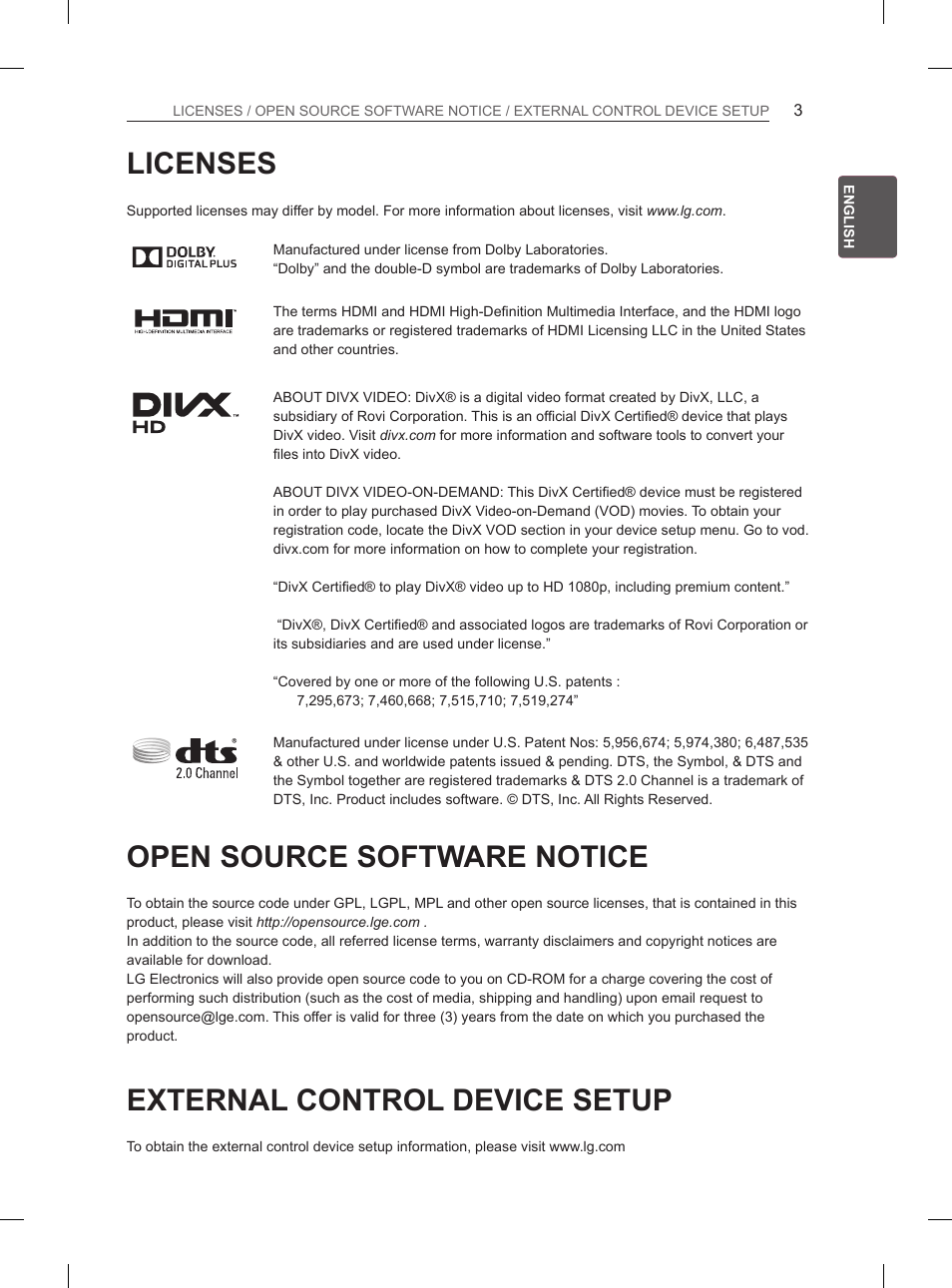 Licenses, Open source software notice, External control device setup | LG 29LN460R User Manual | Page 10 / 243