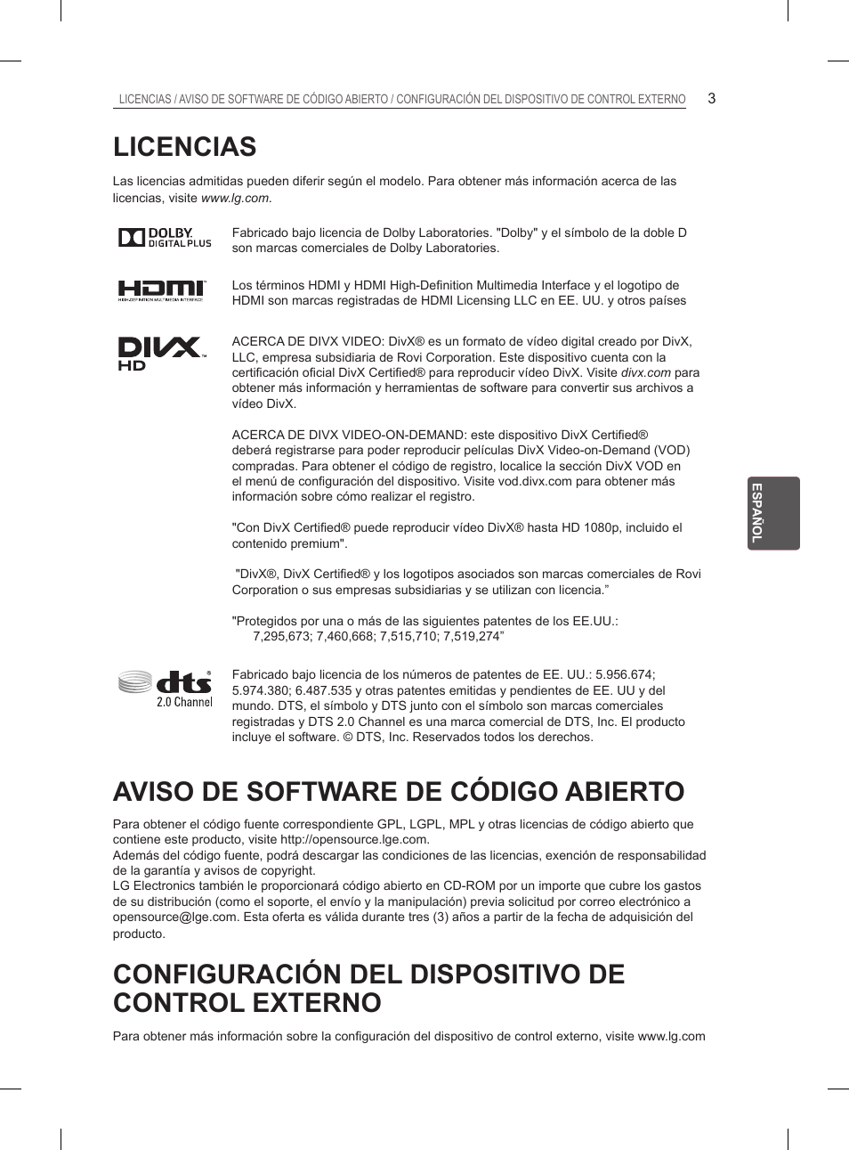Licencias, Aviso de software de código abierto, Configuración del dispositivo de control externo | LG 29LN460R User Manual | Page 100 / 243