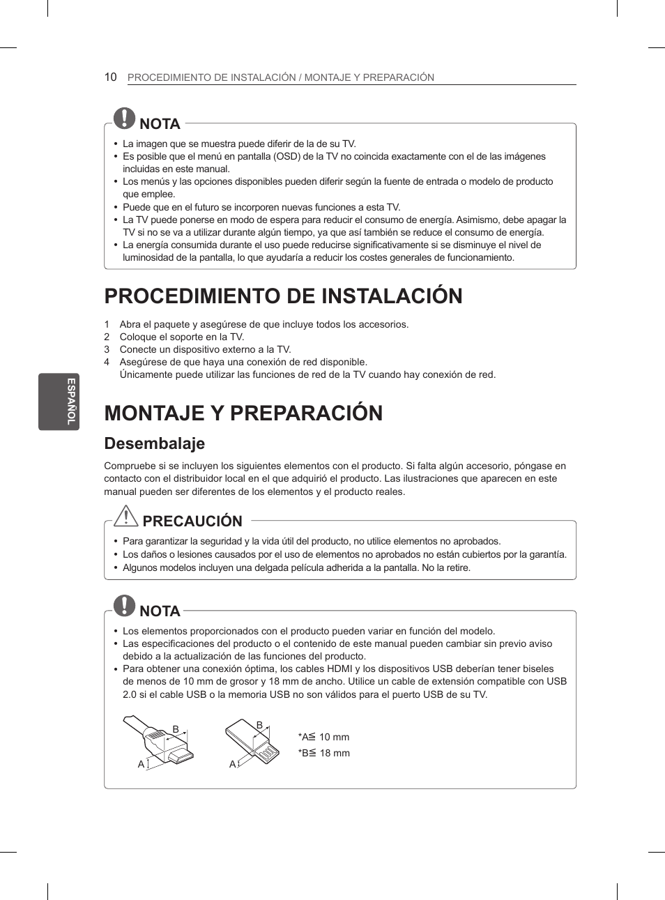 Procedimiento de instalación, Montaje y preparación, Desembalaje | Nota, Precaución | LG 29LN460R User Manual | Page 107 / 243