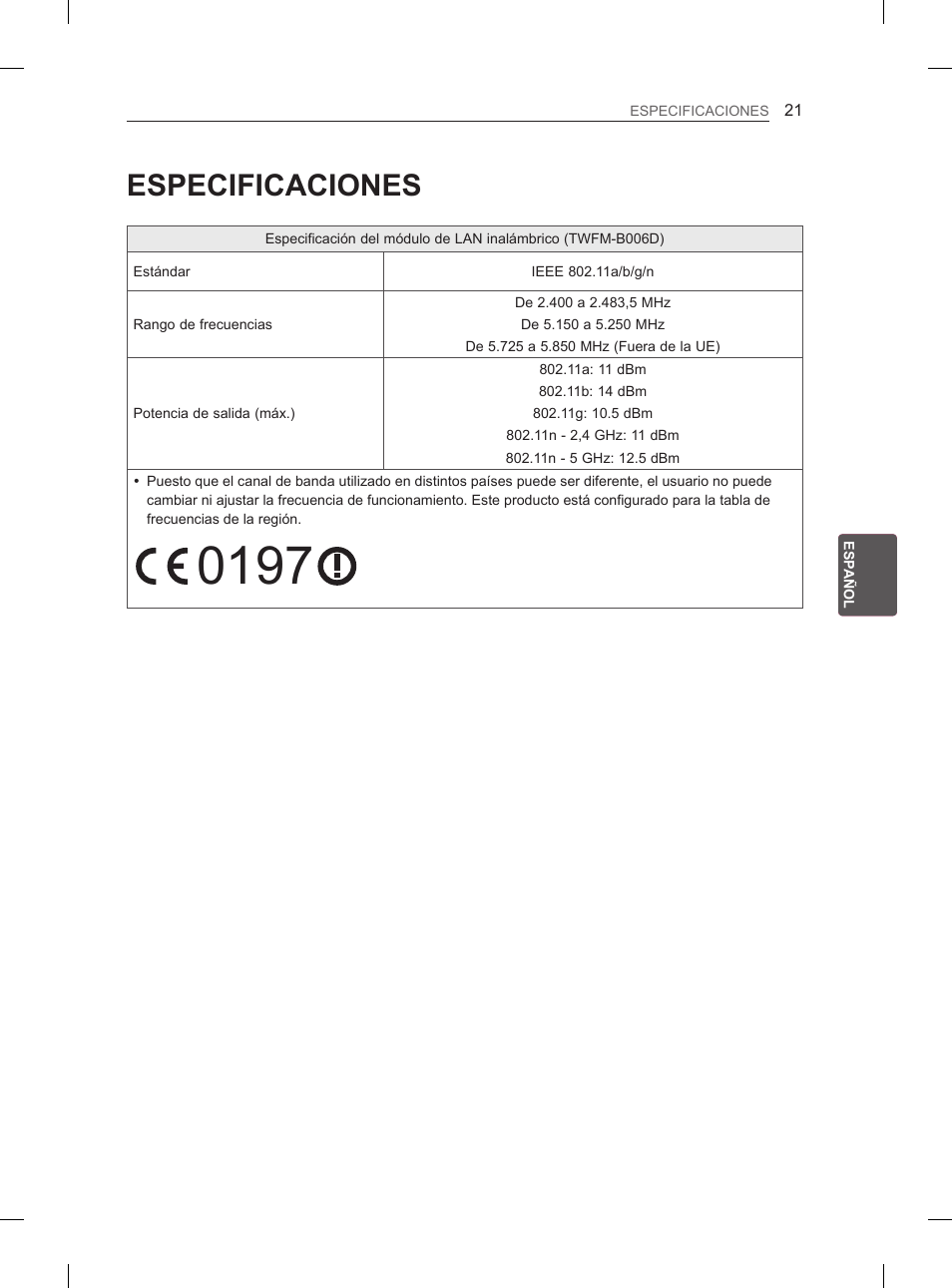 Especificaciones | LG 29LN460R User Manual | Page 118 / 243