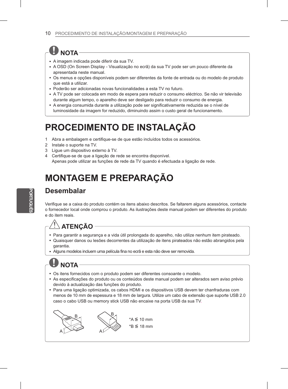 Procedimento de instalação, Montagem e preparação, Desembalar | Nota, Atenção | LG 29LN460R User Manual | Page 129 / 243