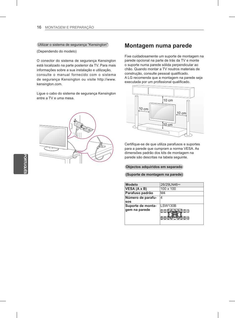 Montagem numa parede | LG 29LN460R User Manual | Page 135 / 243