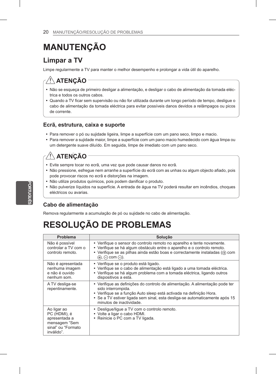 Resolução de problemas, Manutenção, Limpar a tv | Atenção | LG 29LN460R User Manual | Page 139 / 243