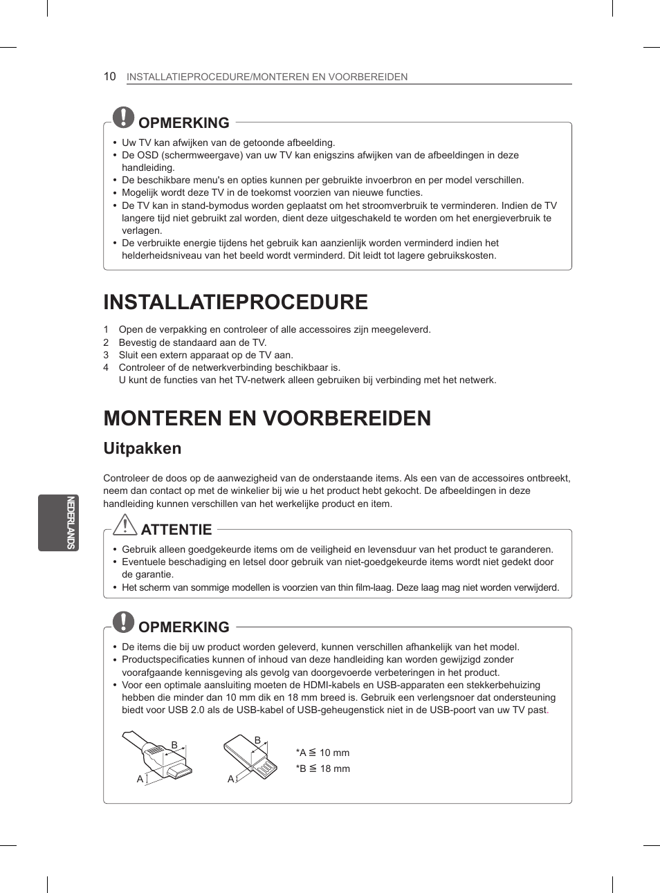 Installatieprocedure, Monteren en voorbereiden, Uitpakken | Opmerking, Attentie | LG 29LN460R User Manual | Page 151 / 243