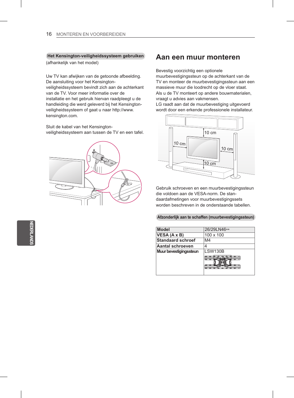 Aan een muur monteren | LG 29LN460R User Manual | Page 157 / 243