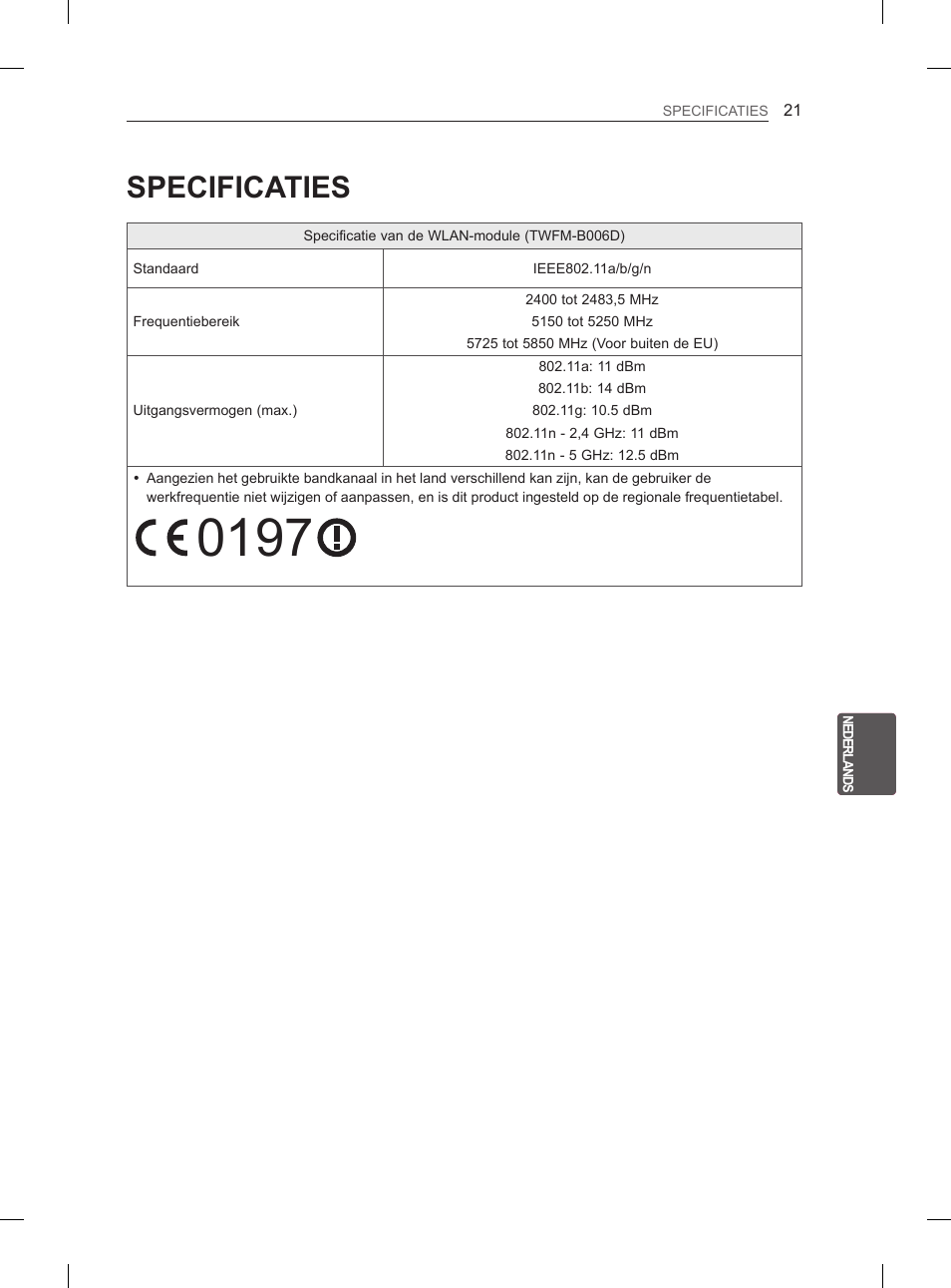 Specificaties | LG 29LN460R User Manual | Page 162 / 243
