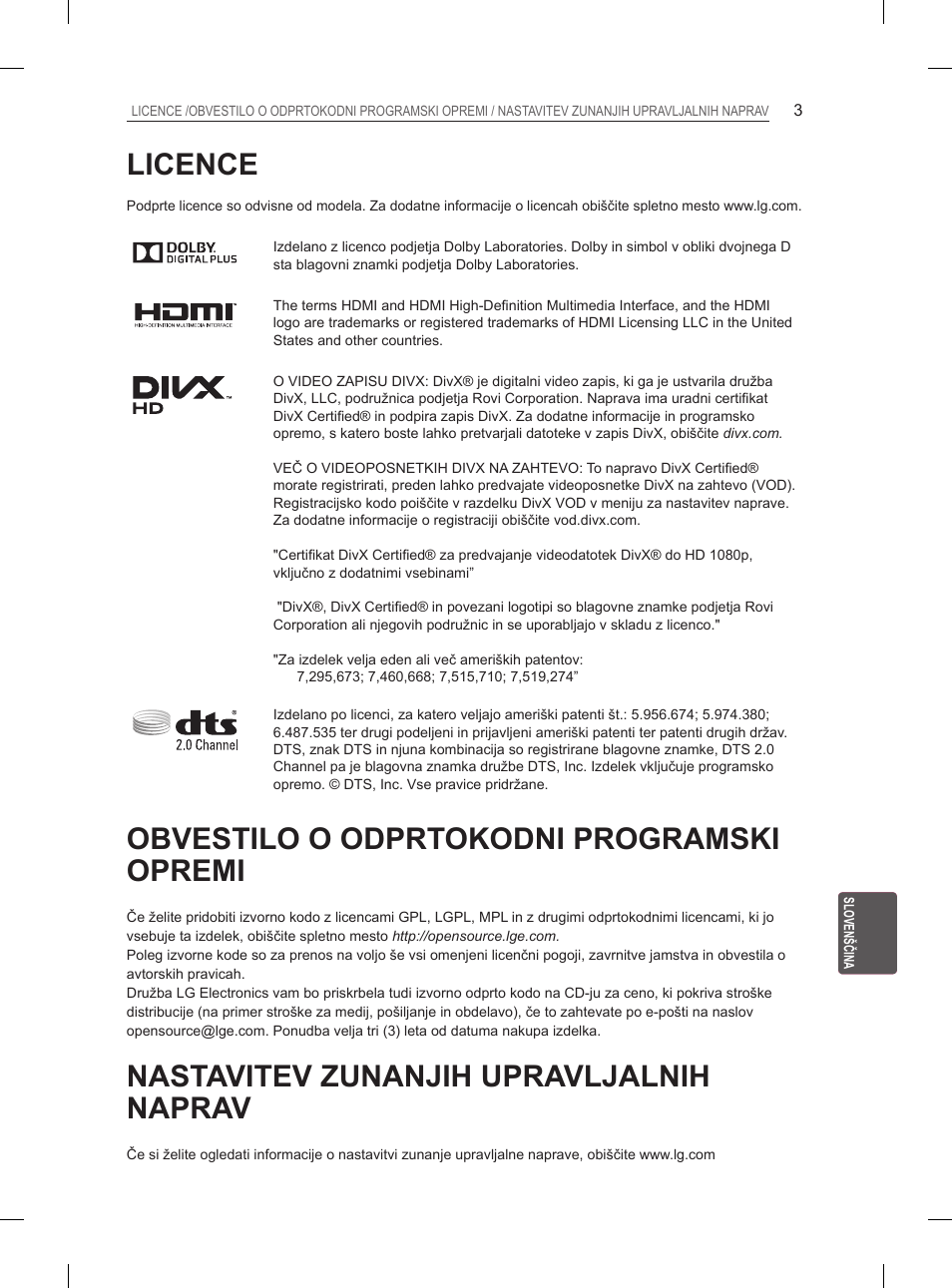 Licence, Obvestilo o odprtokodni programski opremi, Nastavitev zunanjih upravljalnih naprav | LG 29LN460R User Manual | Page 188 / 243