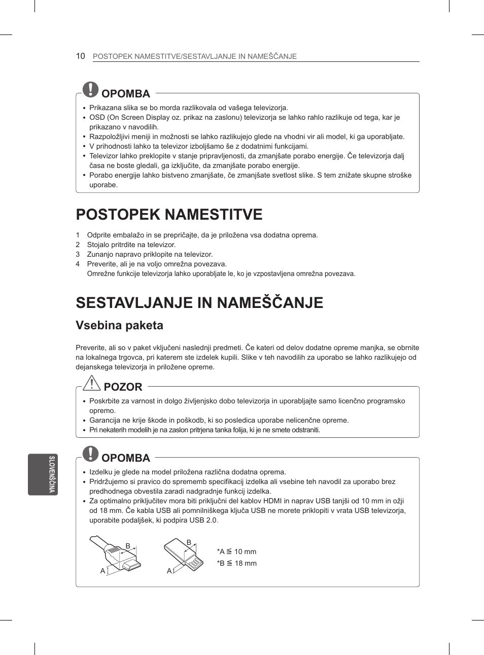 Postopek namestitve, Sestavljanje in nameščanje, Vsebina paketa | Opomba, Pozor | LG 29LN460R User Manual | Page 195 / 243