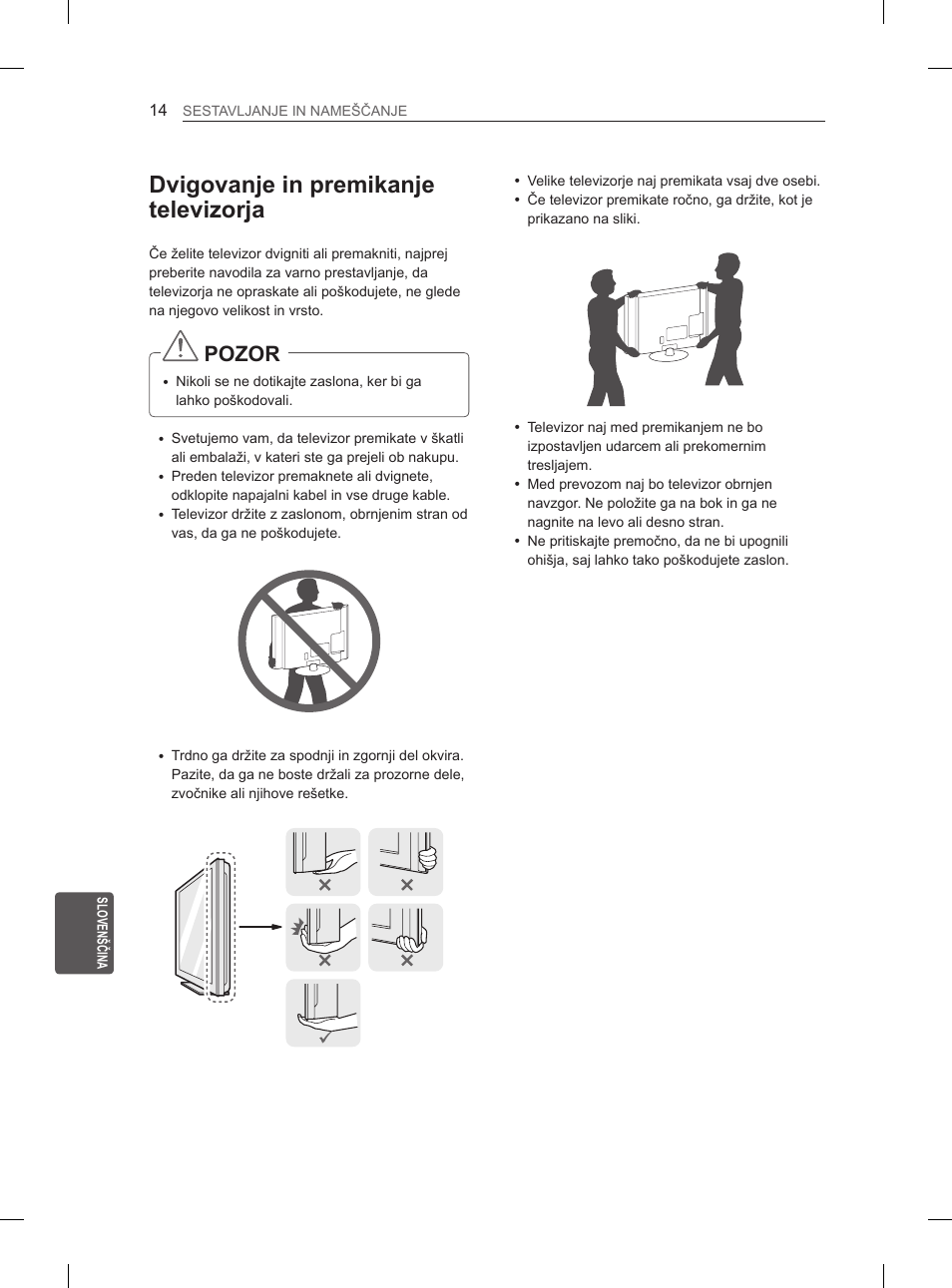 Dvigovanje in premikanje televizorja, Pozor | LG 29LN460R User Manual | Page 199 / 243