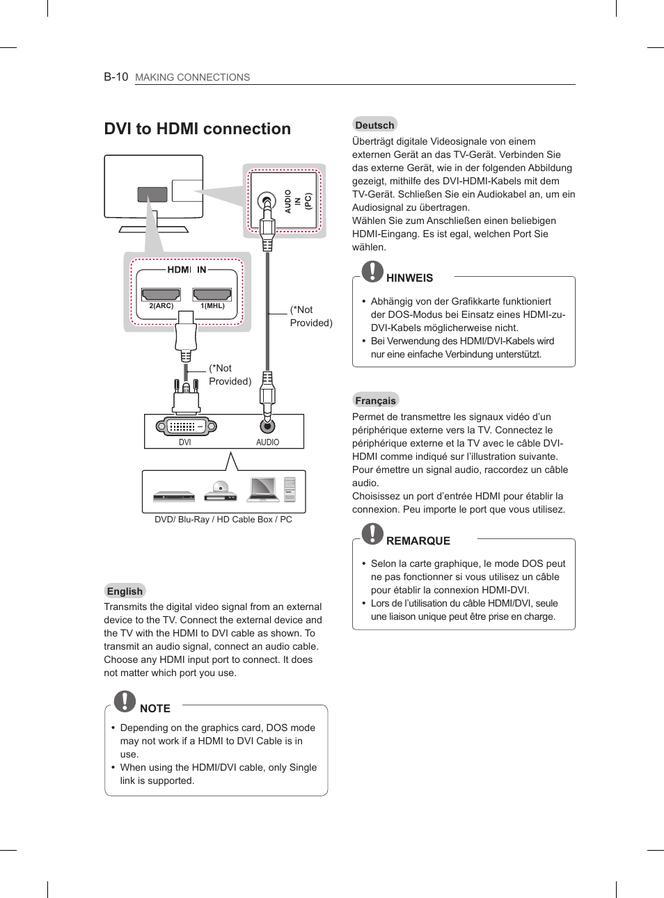 Dvi to hdmi connection | LG 29LN460R User Manual | Page 217 / 243