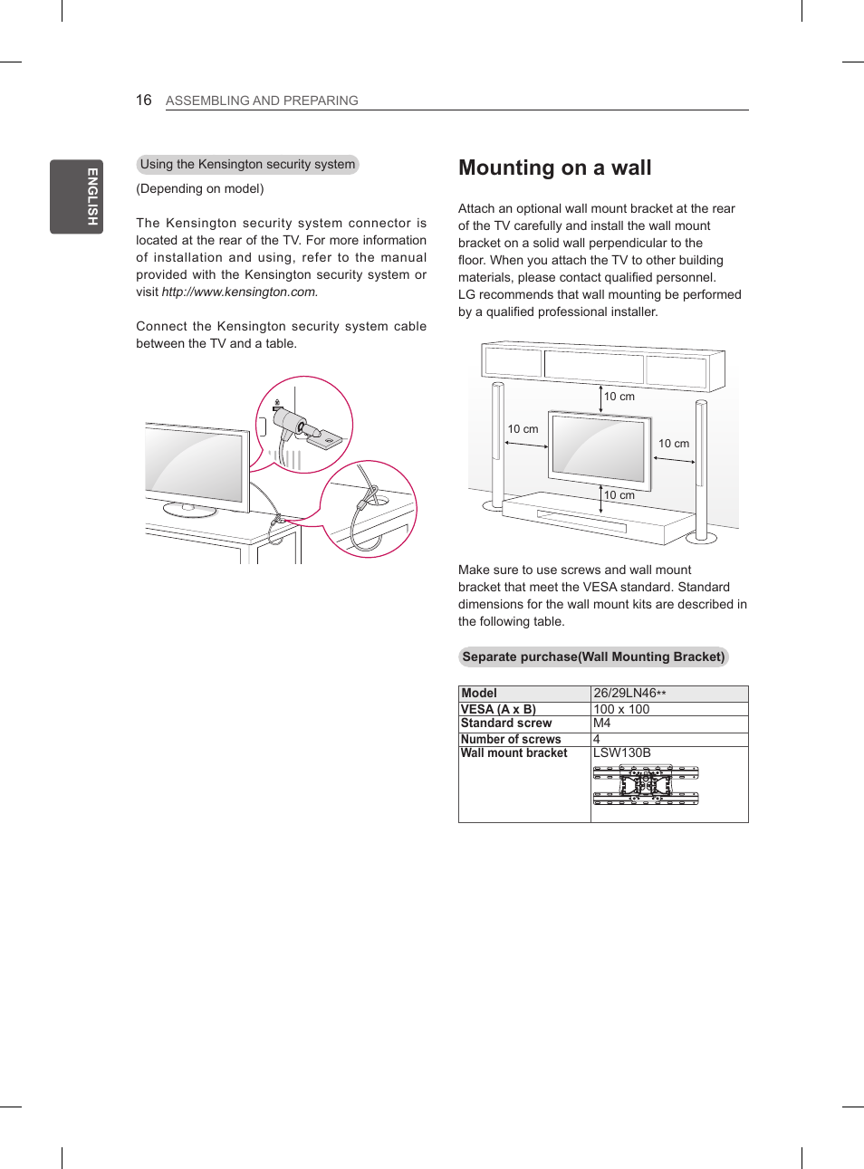 Mounting on a wall | LG 29LN460R User Manual | Page 23 / 243
