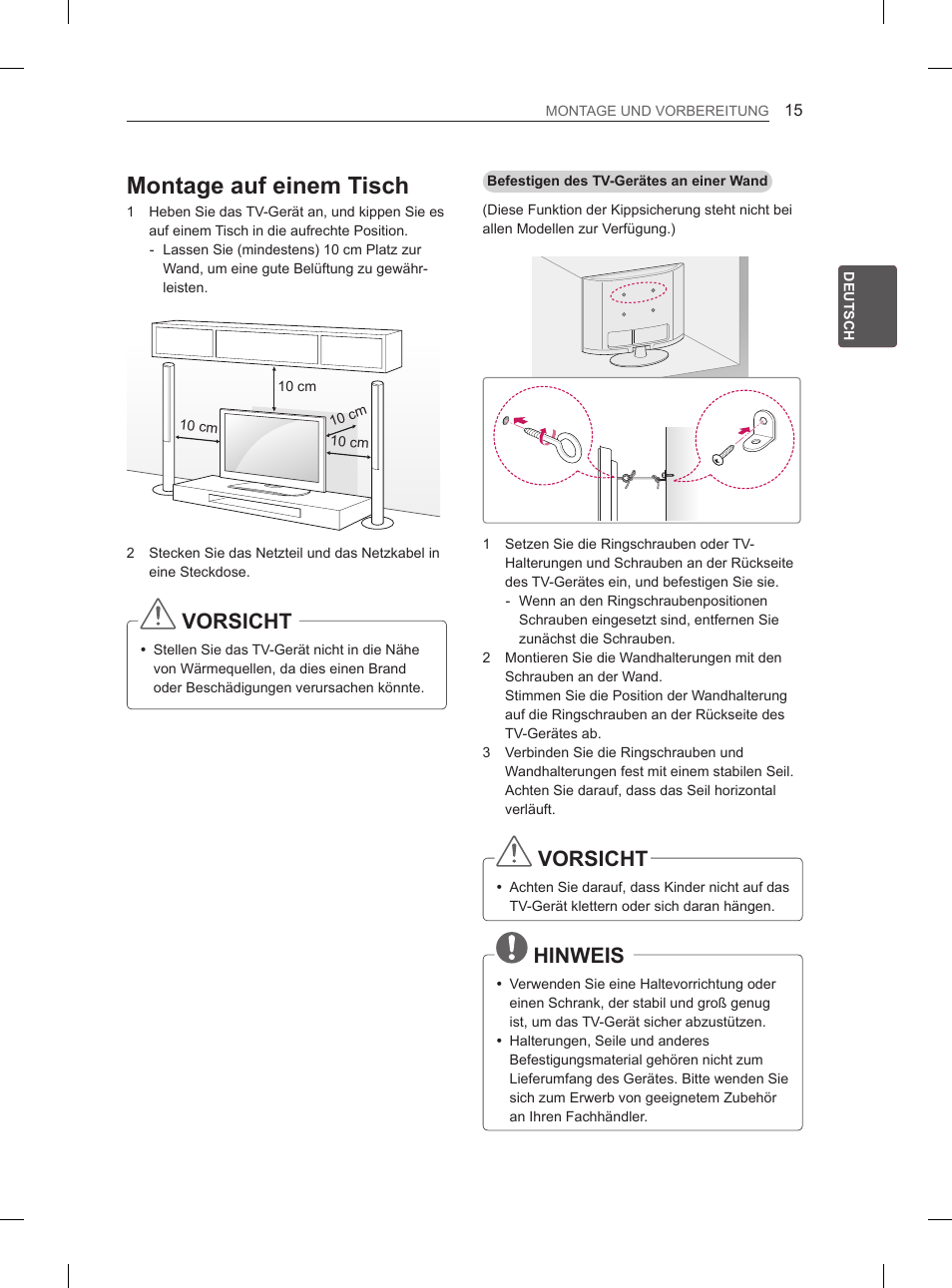Montage auf einem tisch, Vorsicht, Hinweis | LG 29LN460R User Manual | Page 44 / 243