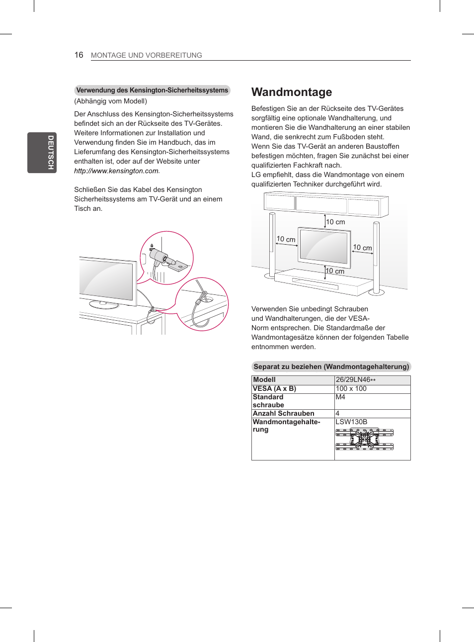 Wandmontage | LG 29LN460R User Manual | Page 45 / 243