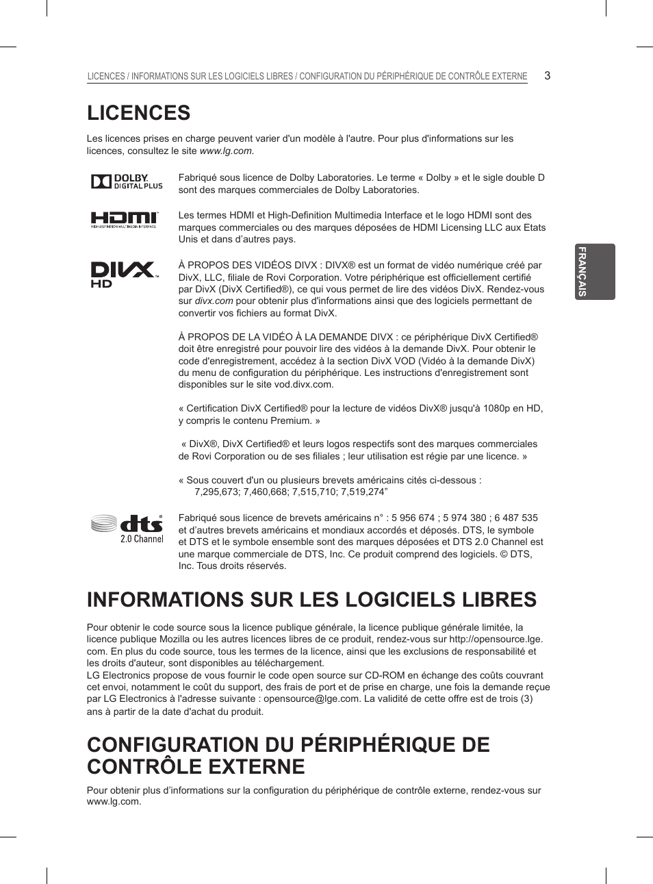 Licences, Informations sur les logiciels libres, Configuration du périphérique de contrôle externe | LG 29LN460R User Manual | Page 54 / 243