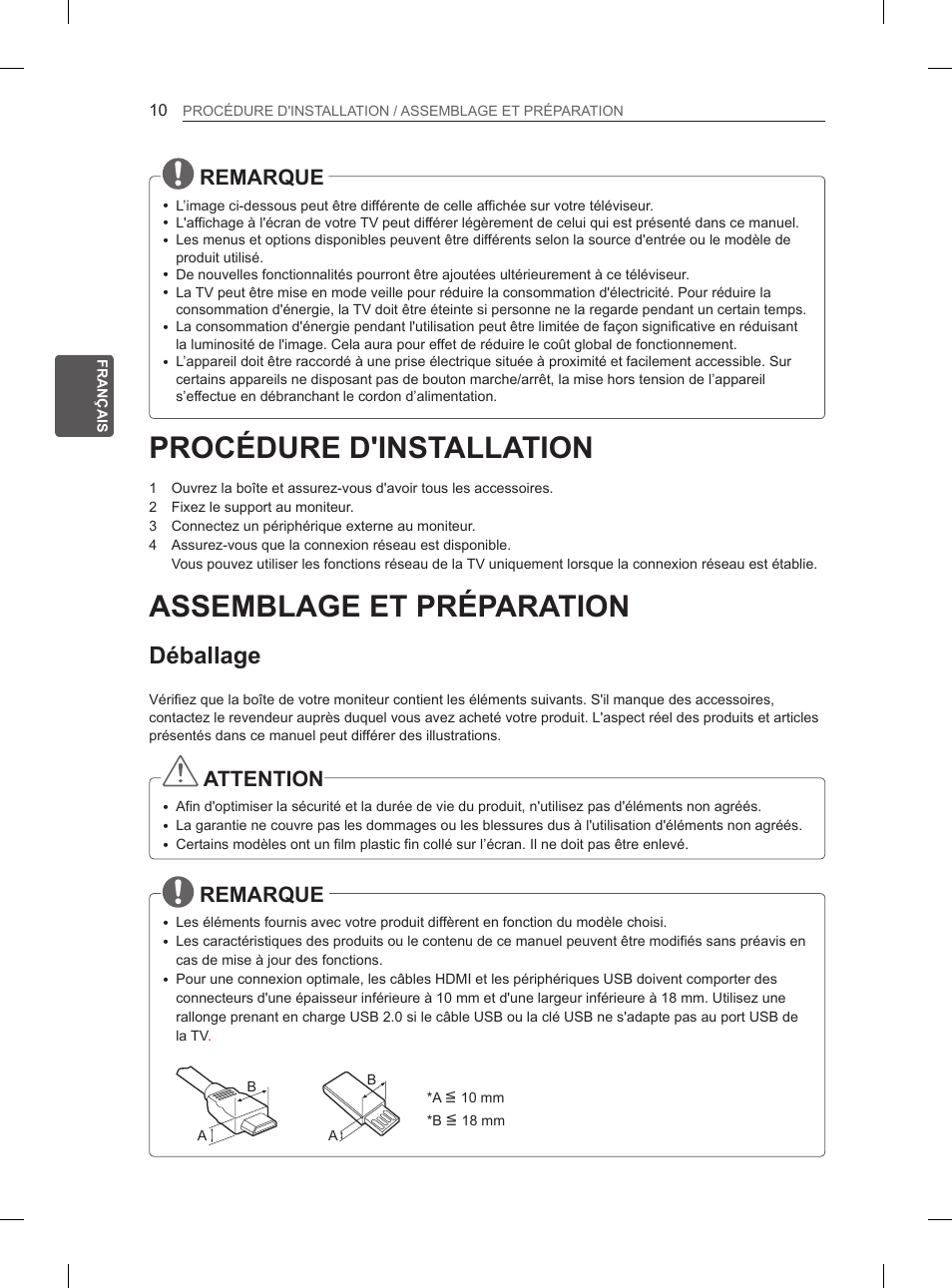 Procédure d'installation, Assemblage et préparation, Déballage | Remarque, Attention | LG 29LN460R User Manual | Page 61 / 243