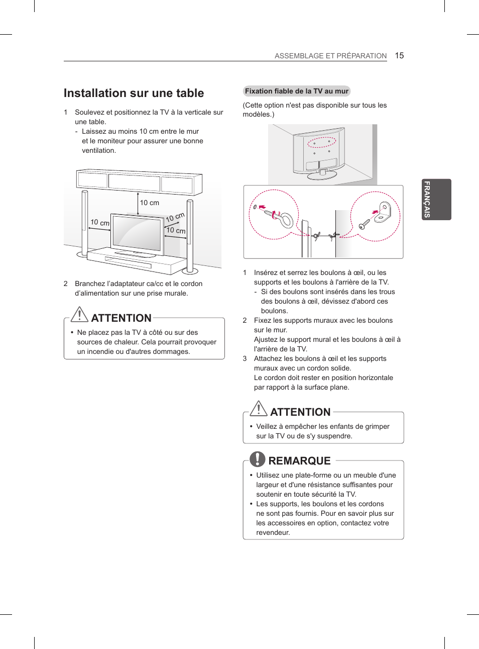 Installation sur une table, Attention, Remarque | LG 29LN460R User Manual | Page 66 / 243