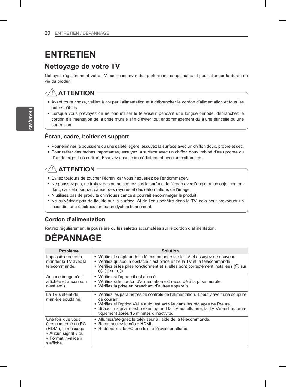 Dépannage, Entretien, Nettoyage de votre tv | Attention | LG 29LN460R User Manual | Page 71 / 243
