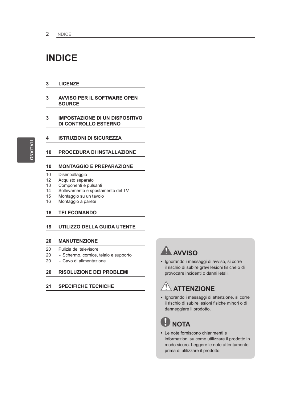 Indice, Avviso, Attenzione | Nota | LG 29LN460R User Manual | Page 75 / 243