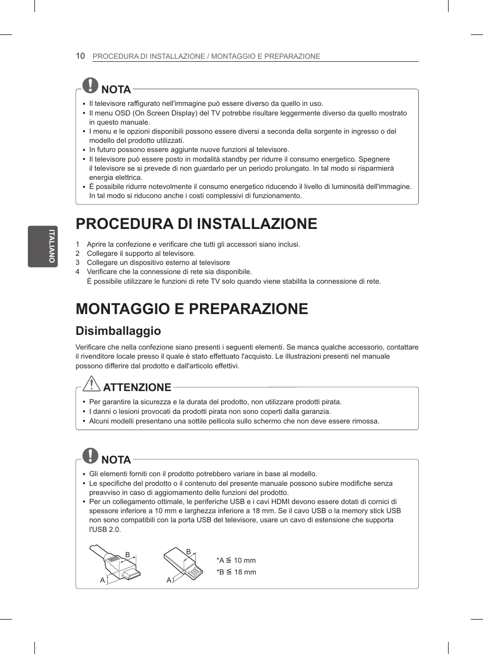 Procedura di installazione, Montaggio e preparazione, Disimballaggio | Nota, Attenzione | LG 29LN460R User Manual | Page 83 / 243