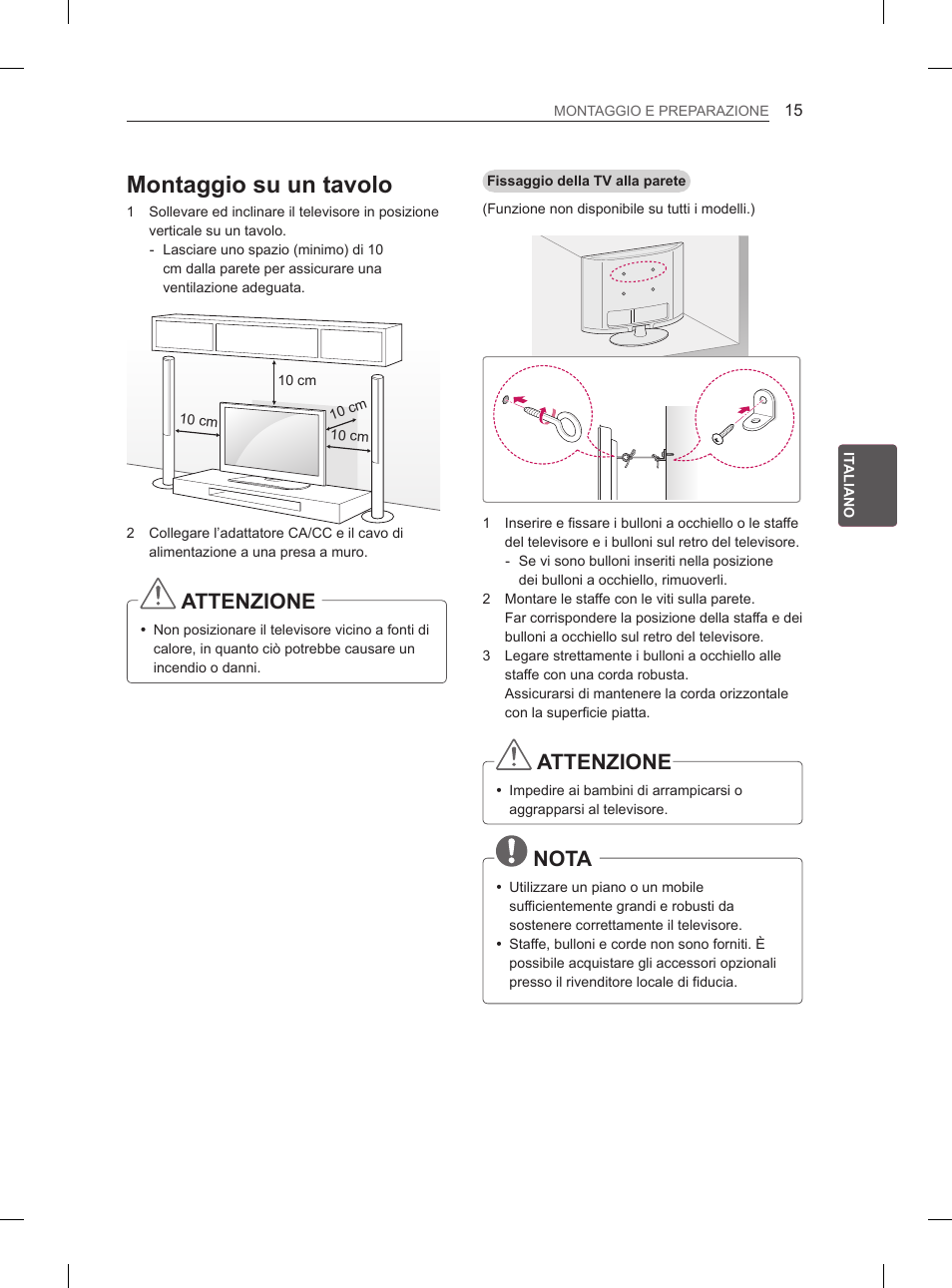 Montaggio su un tavolo, Attenzione, Nota | LG 29LN460R User Manual | Page 88 / 243