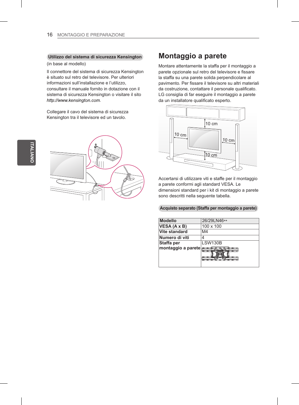 Montaggio a parete | LG 29LN460R User Manual | Page 89 / 243
