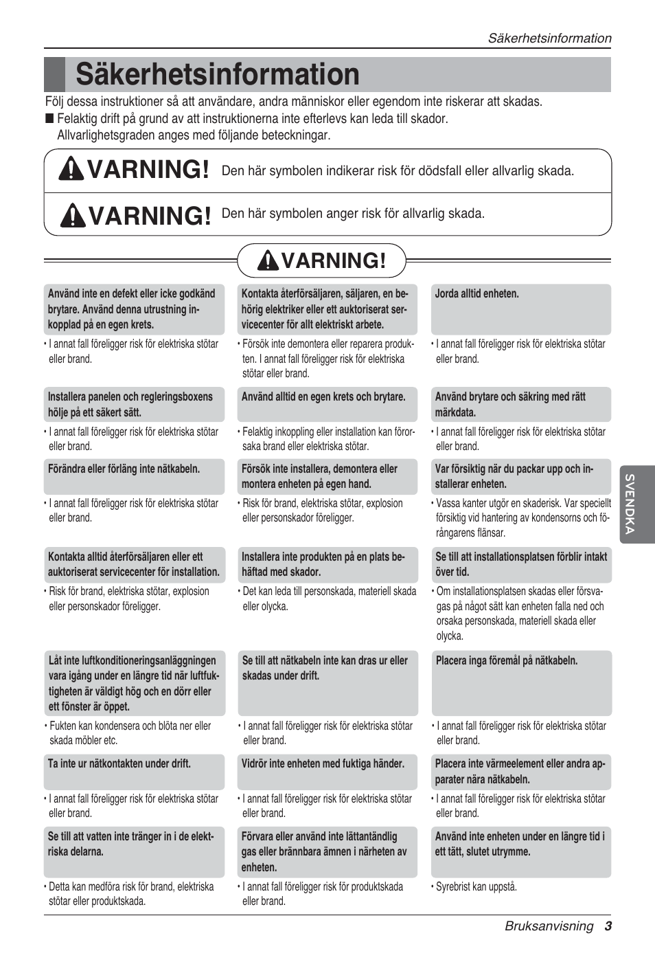 Säkerhetsinformation, Varning | LG UV18 NBC User Manual | Page 243 / 305