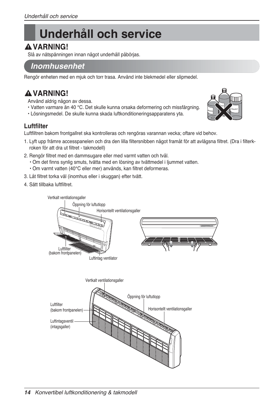 Underhåll och service, Inomhusenhet, Luftfilter | LG UV18 NBC User Manual | Page 254 / 305