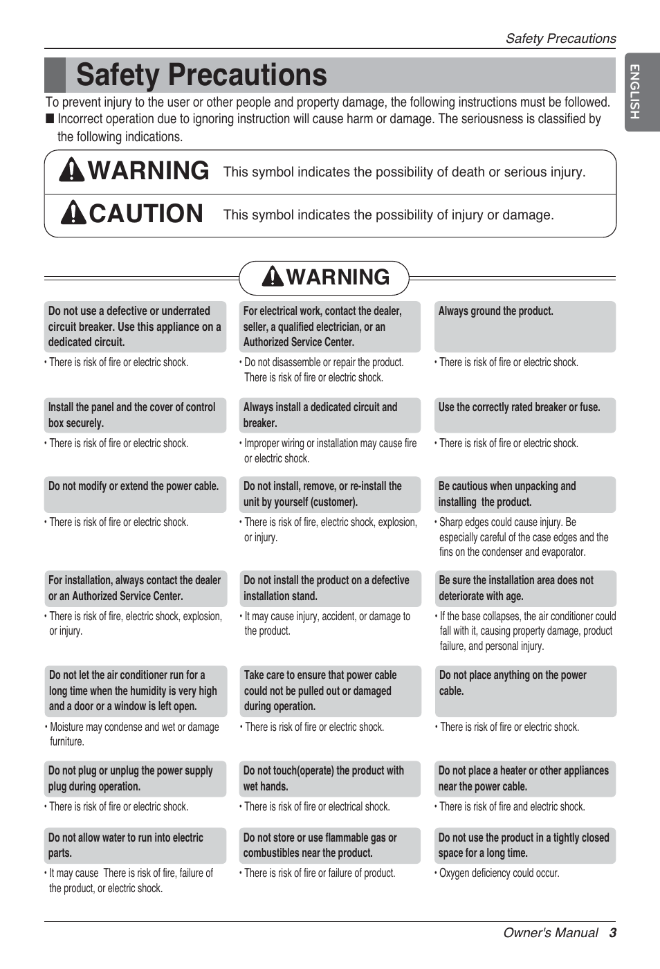 Safety precautions, Warning caution, Warning | LG UV18 NBC User Manual | Page 3 / 305