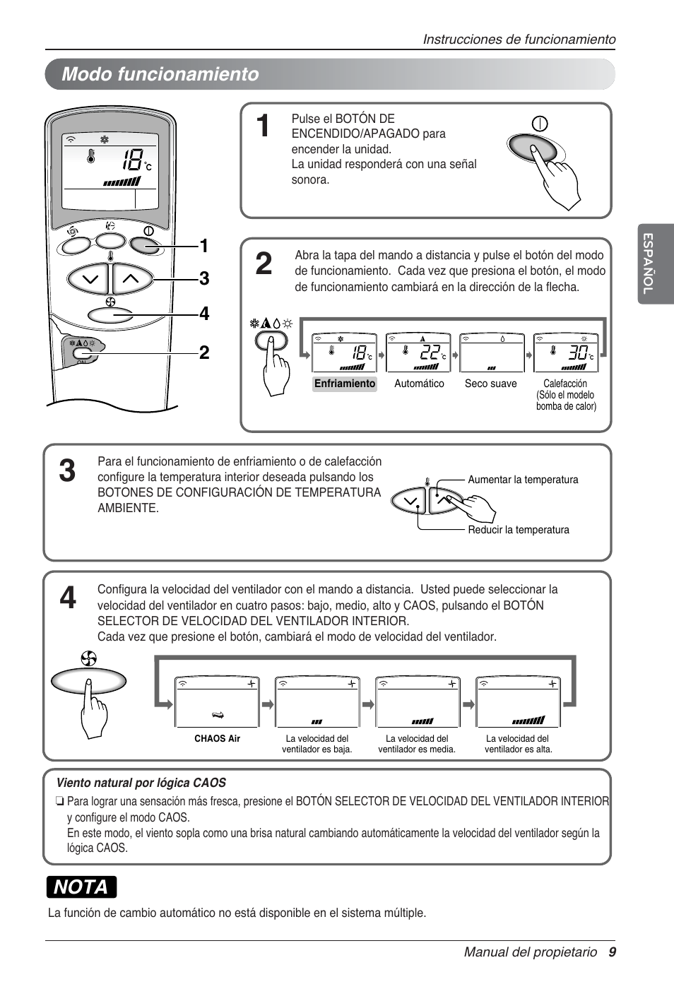 Nota, Modo funcionamiento | LG UV18 NBC User Manual | Page 41 / 305