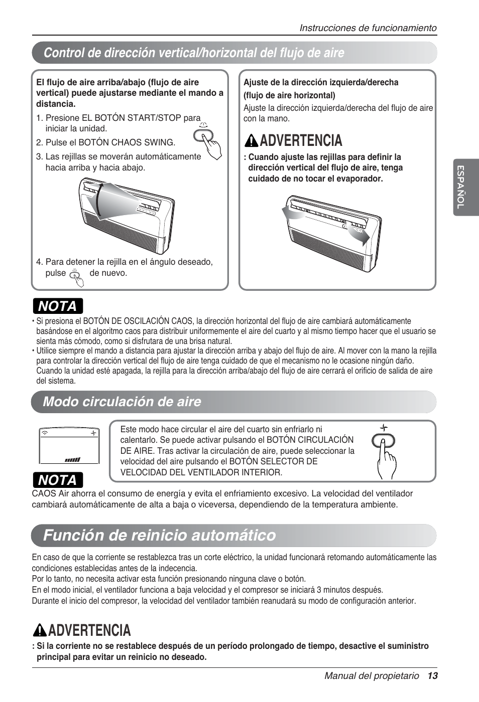 Advertencia, Función de reinicio automático, Nota | Modo circulación de aire | LG UV18 NBC User Manual | Page 45 / 305