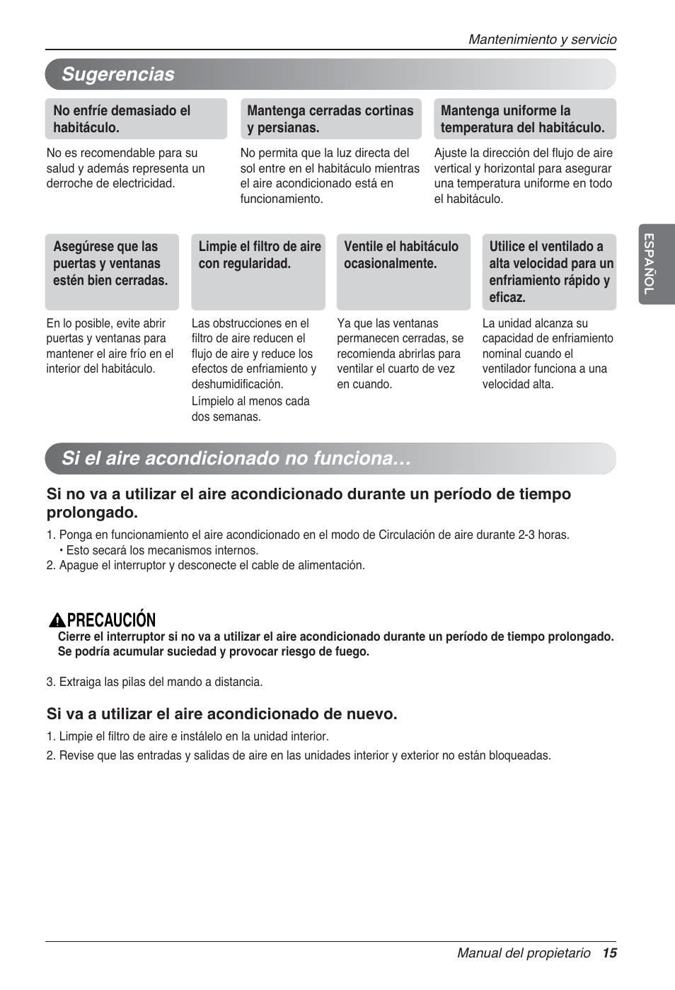 Sugerencias si el aire acondicionado no funciona, Precaución | LG UV18 NBC User Manual | Page 47 / 305