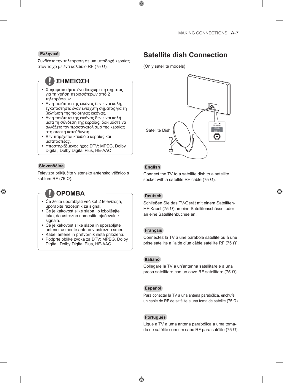 Satellite dish connection, Σημειωση, Opomba | LG 50PN450B User Manual | Page 10 / 215