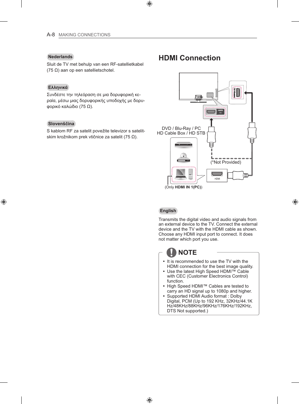 Hdmi connection | LG 50PN450B User Manual | Page 11 / 215