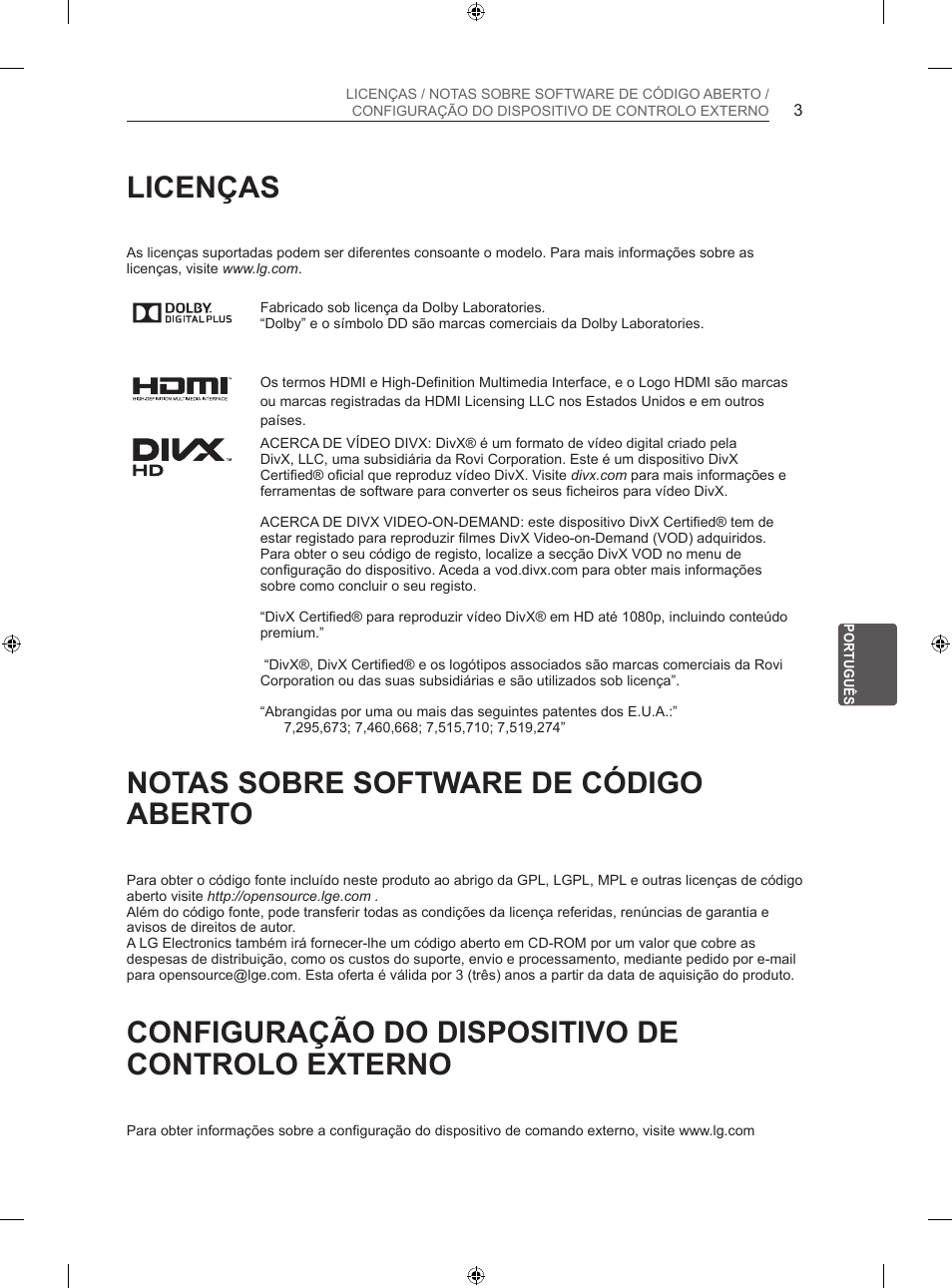 Licenças, Notas sobre software de código aberto, Configuração do dispositivo de controlo externo | LG 50PN450B User Manual | Page 132 / 215