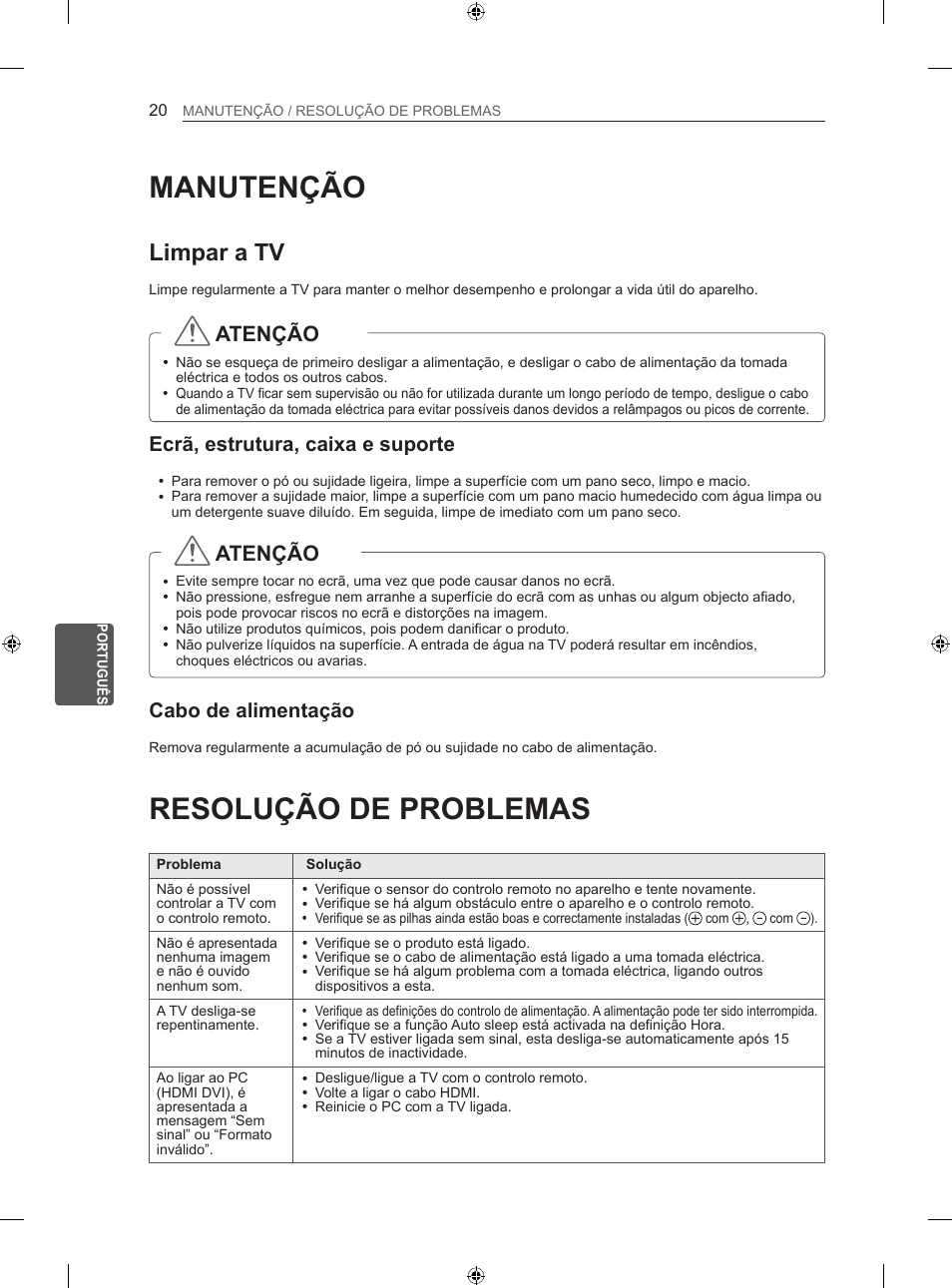 Manutenção, Resolução de problemas, Limpar a tv | Atenção, Ecrã, estrutura, caixa e suporte, Cabo de alimentação | LG 50PN450B User Manual | Page 149 / 215