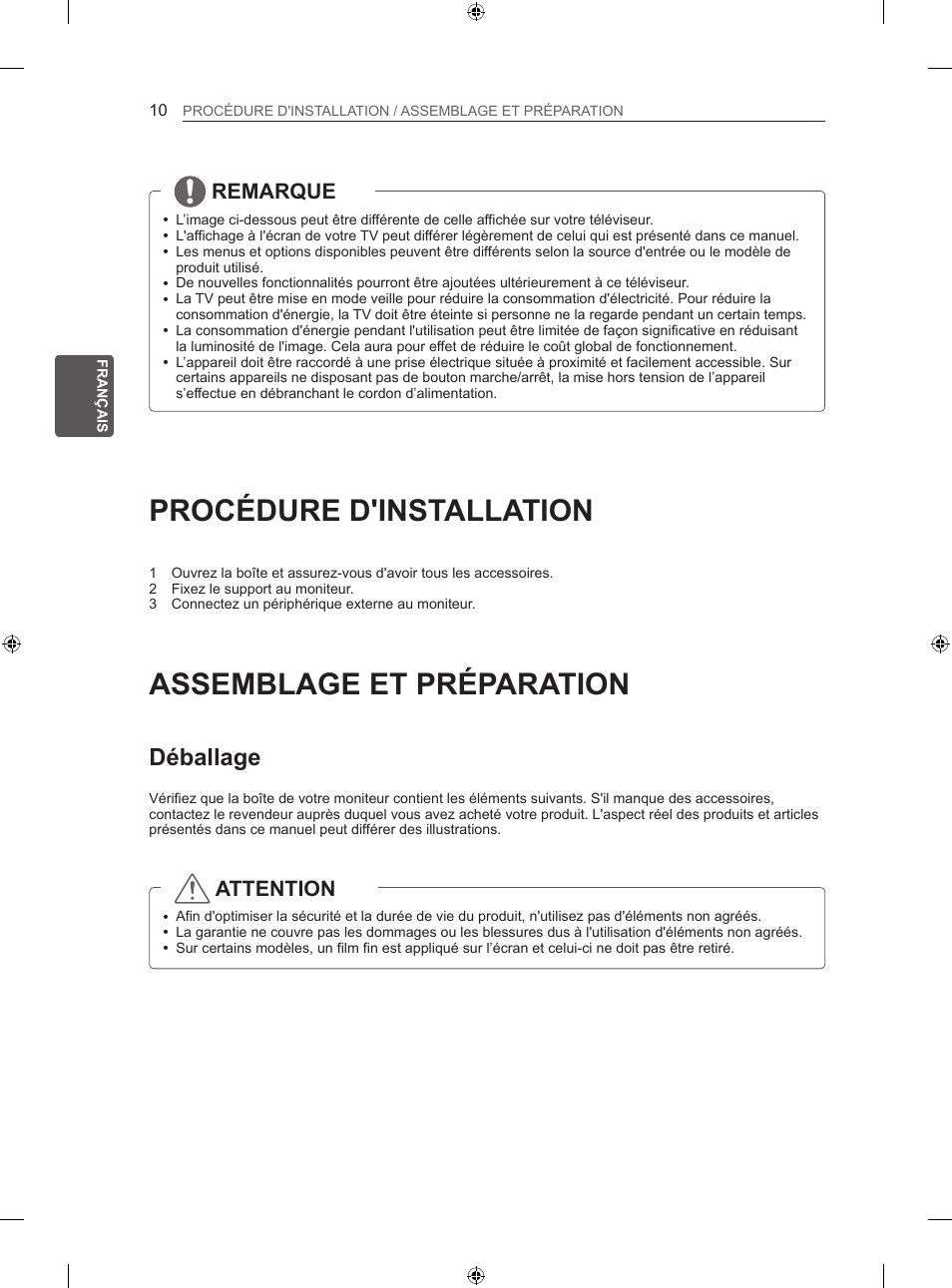 Procédure d'installation, Assemblage et préparation, Déballage | Remarque, Attention | LG 50PN450B User Manual | Page 79 / 215