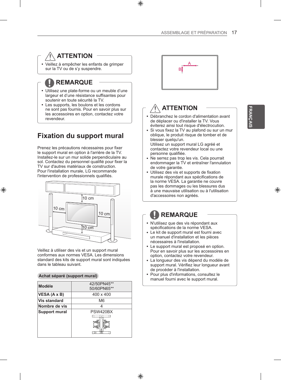 Fixation du support mural, Attention, Remarque | LG 50PN450B User Manual | Page 86 / 215